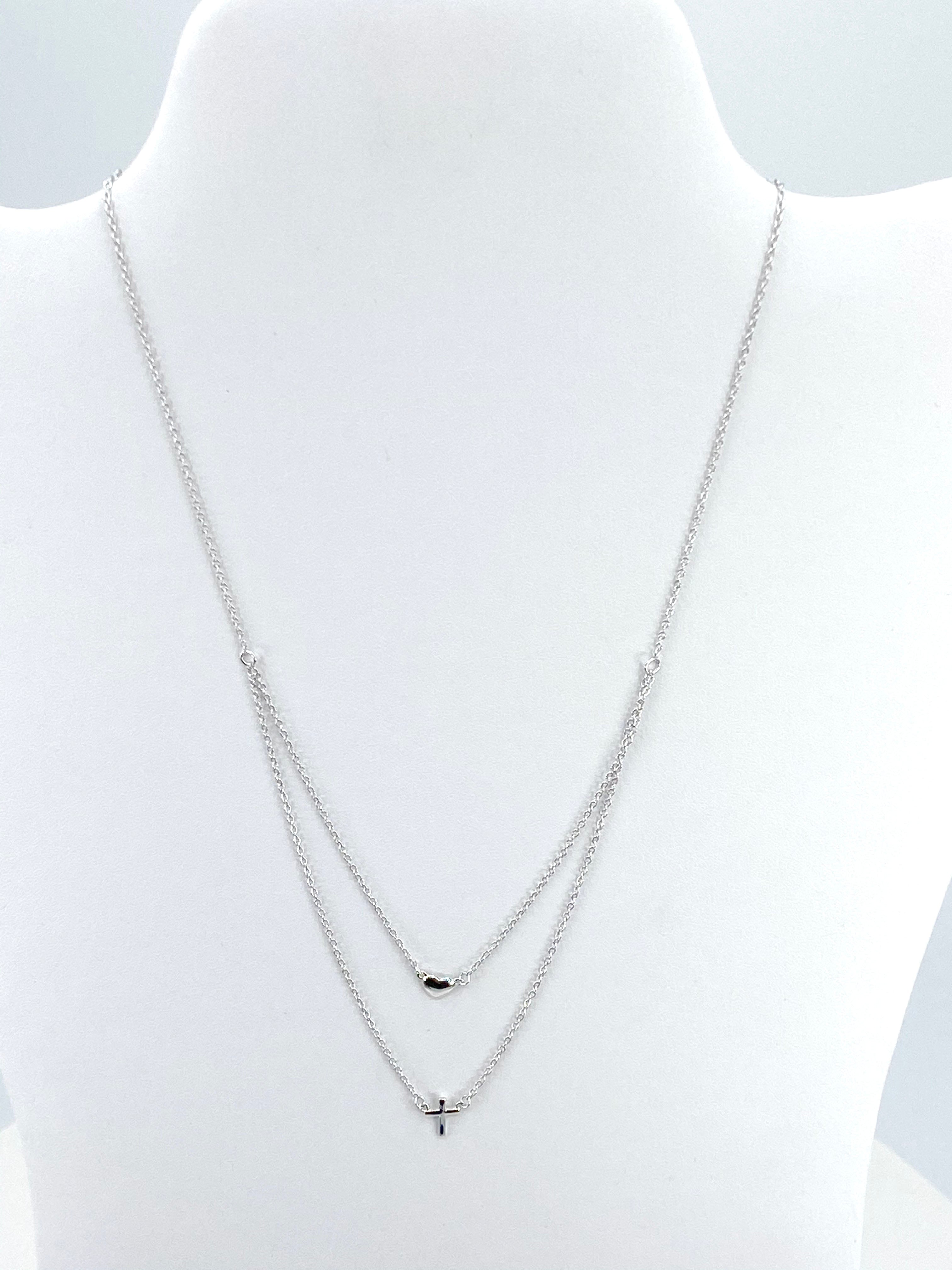 Sterling Silver 925 Rhodium Plated Double Strand Heart and Cross Necklace