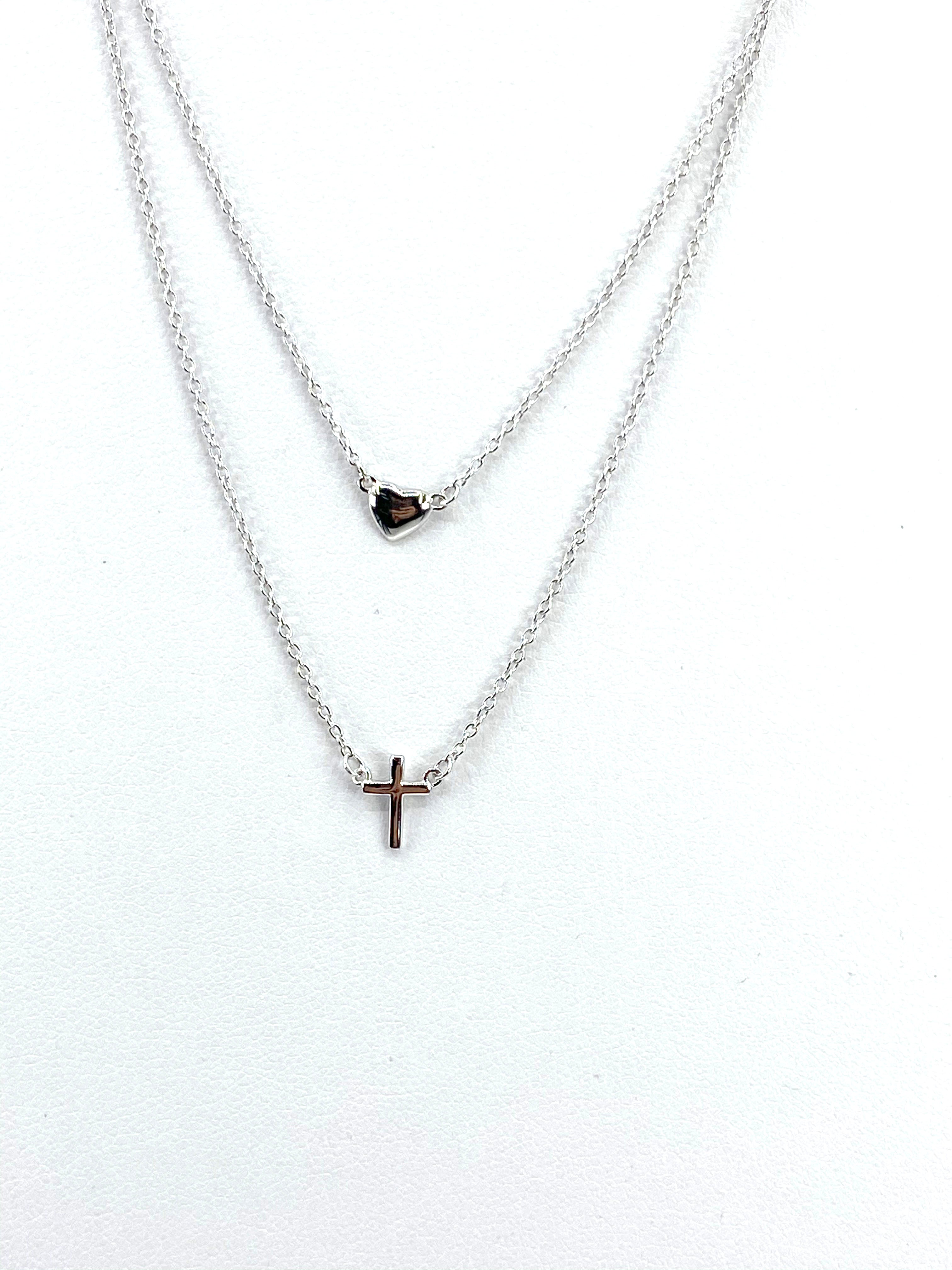Sterling Silver 925 Rhodium Plated Double Strand Heart and Cross Necklace