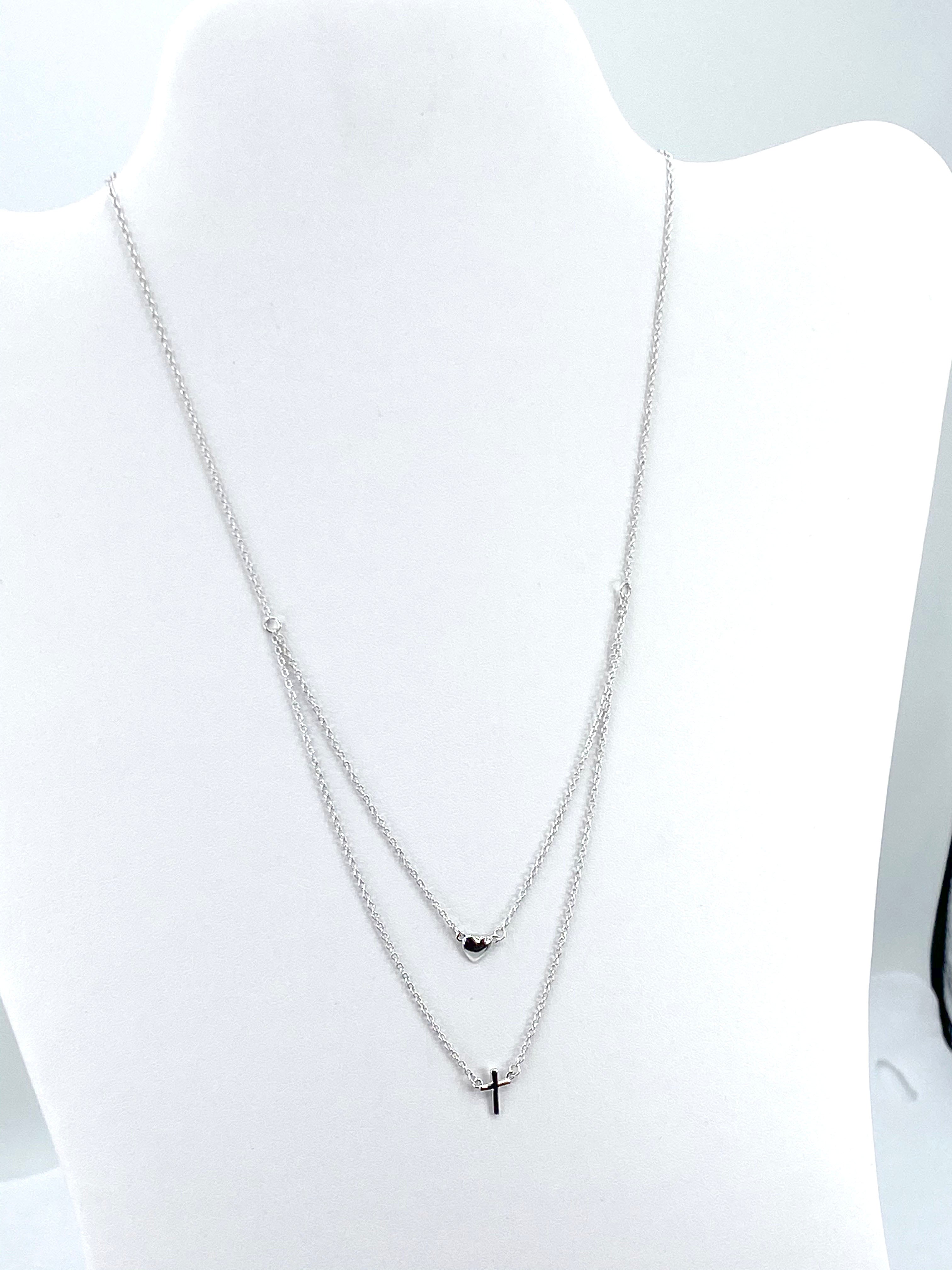Sterling Silver 925 Rhodium Plated Double Strand Heart and Cross Necklace