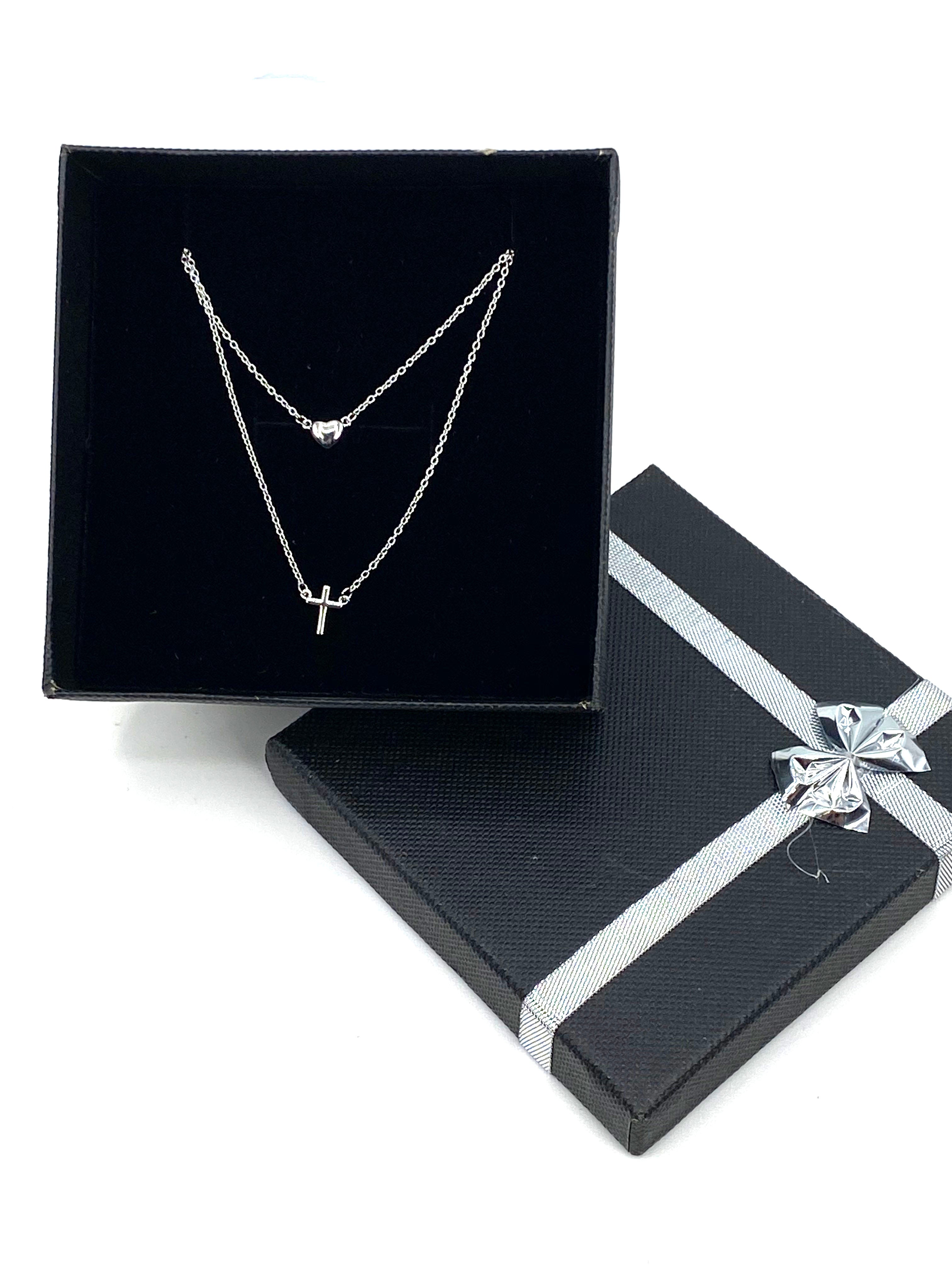 Sterling Silver 925 Rhodium Plated Double Strand Heart and Cross Necklace