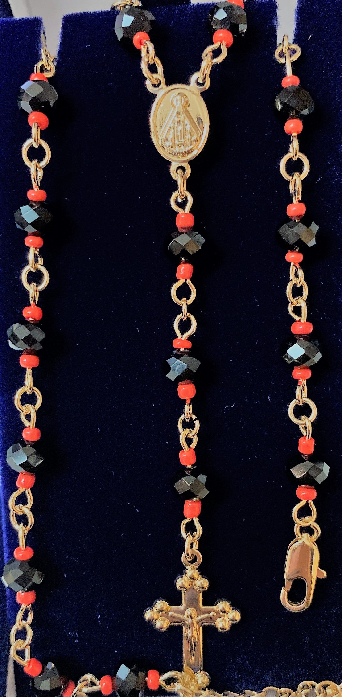 Black and Small Red Beads Rosary necklace with Virgin Mary medal