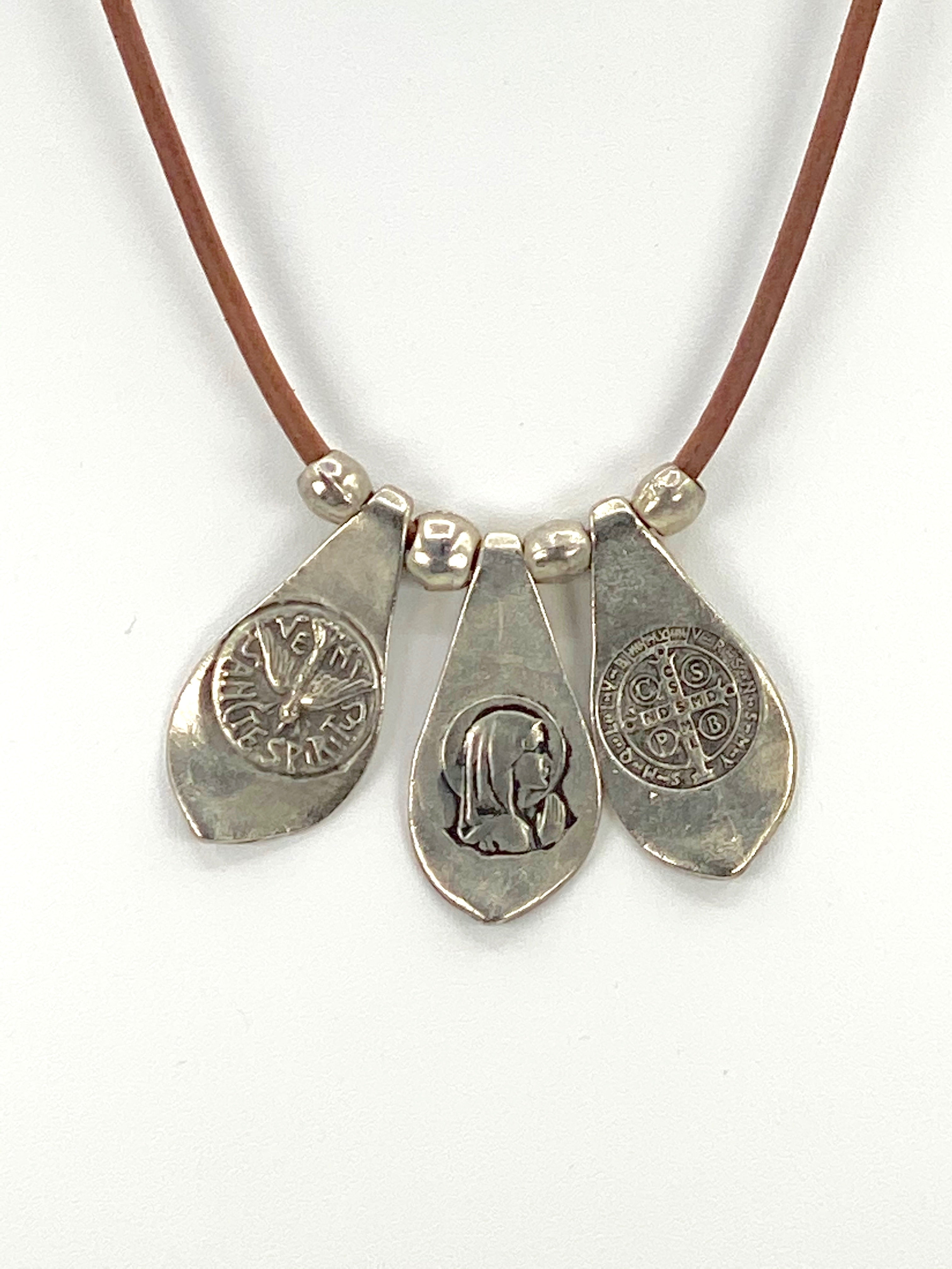 Vintage Necklace of The Virgin Mary, St Benedict, and the Holy Spirit. Handmade Jewelry by Graciela's Collection