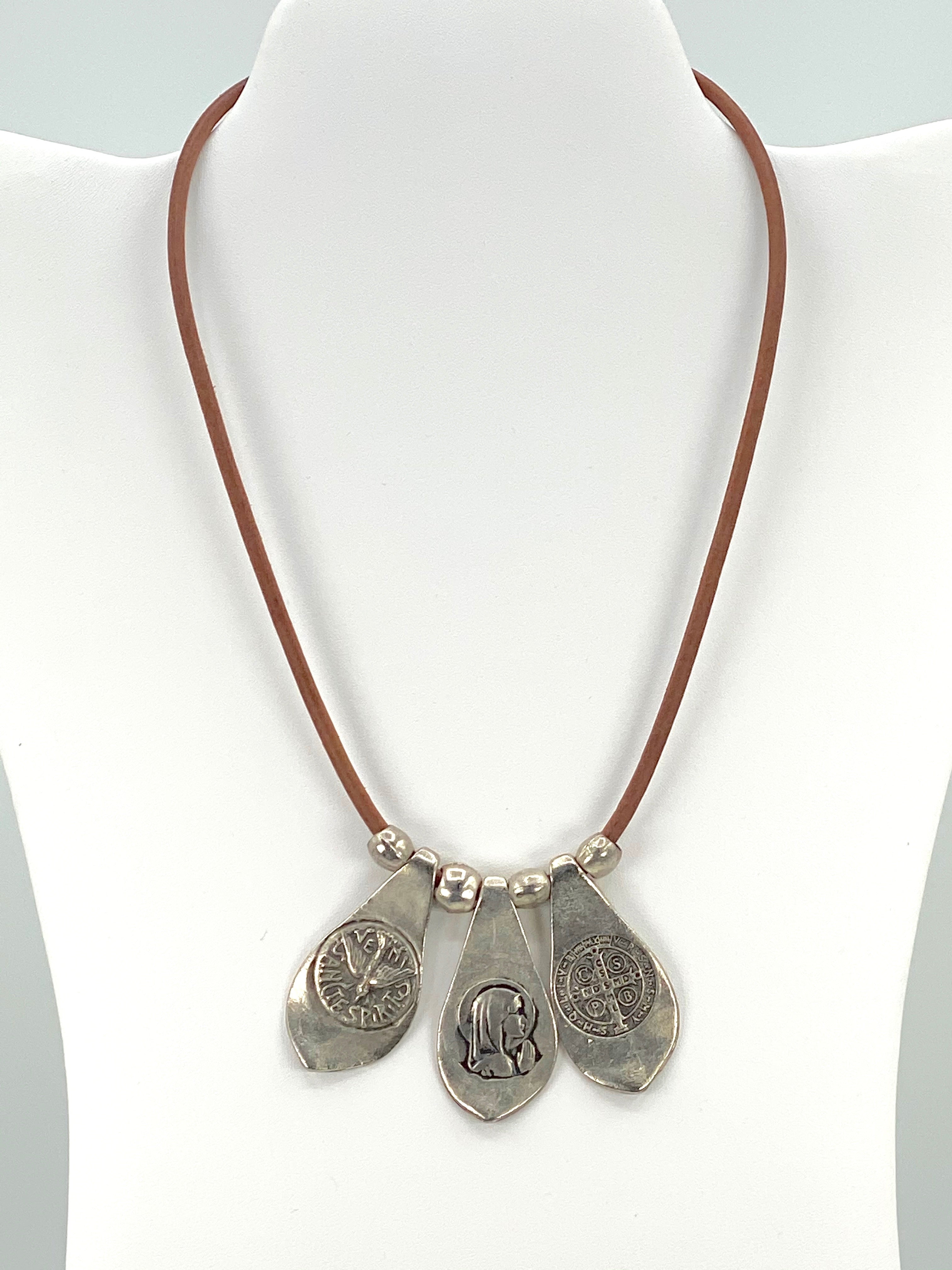 Vintage Necklace of The Virgin Mary, St Benedict, and the Holy Spirit. Handmade Jewelry by Graciela's Collection