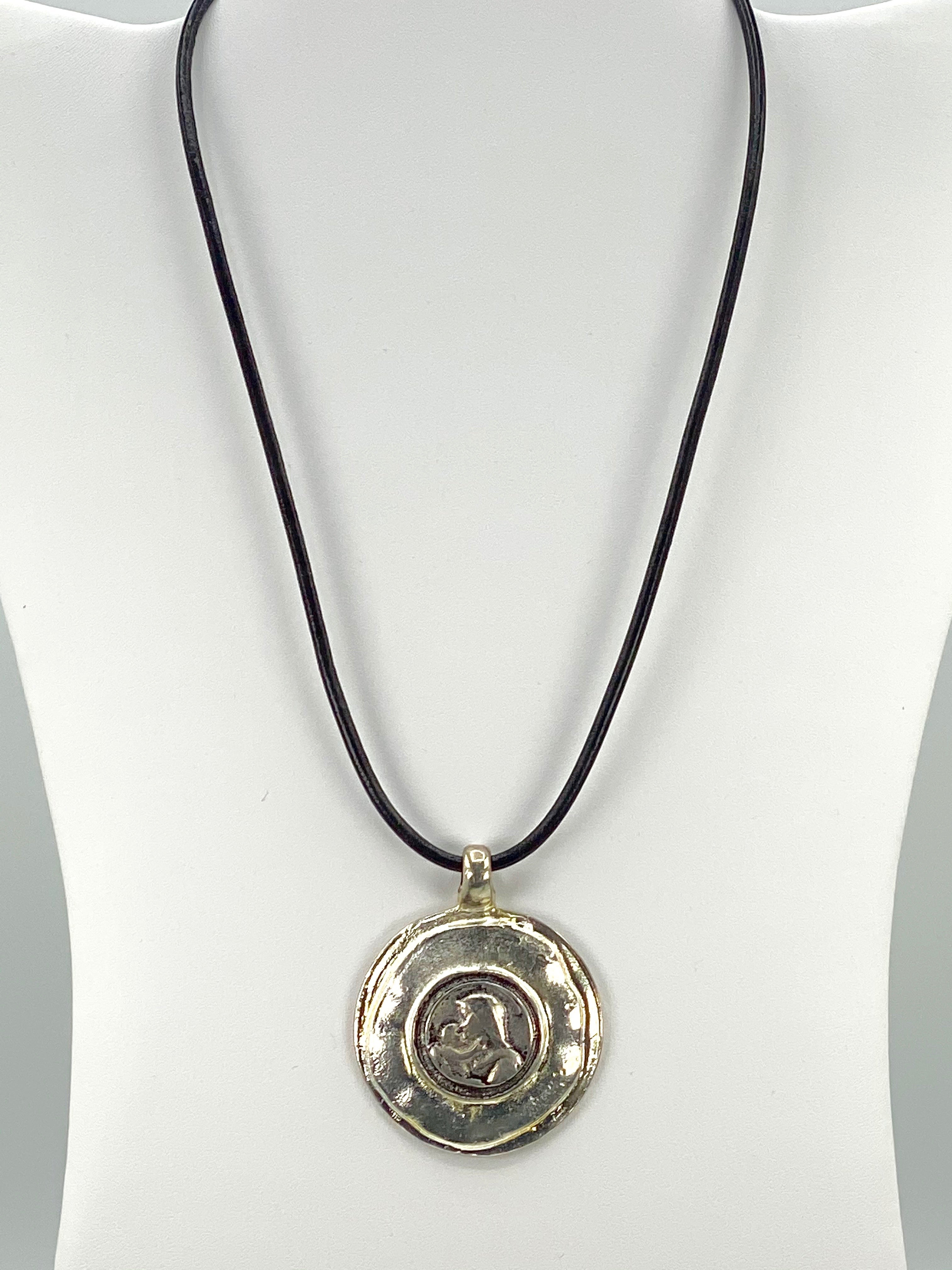 Vintage The Madonna and Child Jesus Medallion Necklace Handmade Jewelry with Genuine Leather Strap by Graciela's Collection