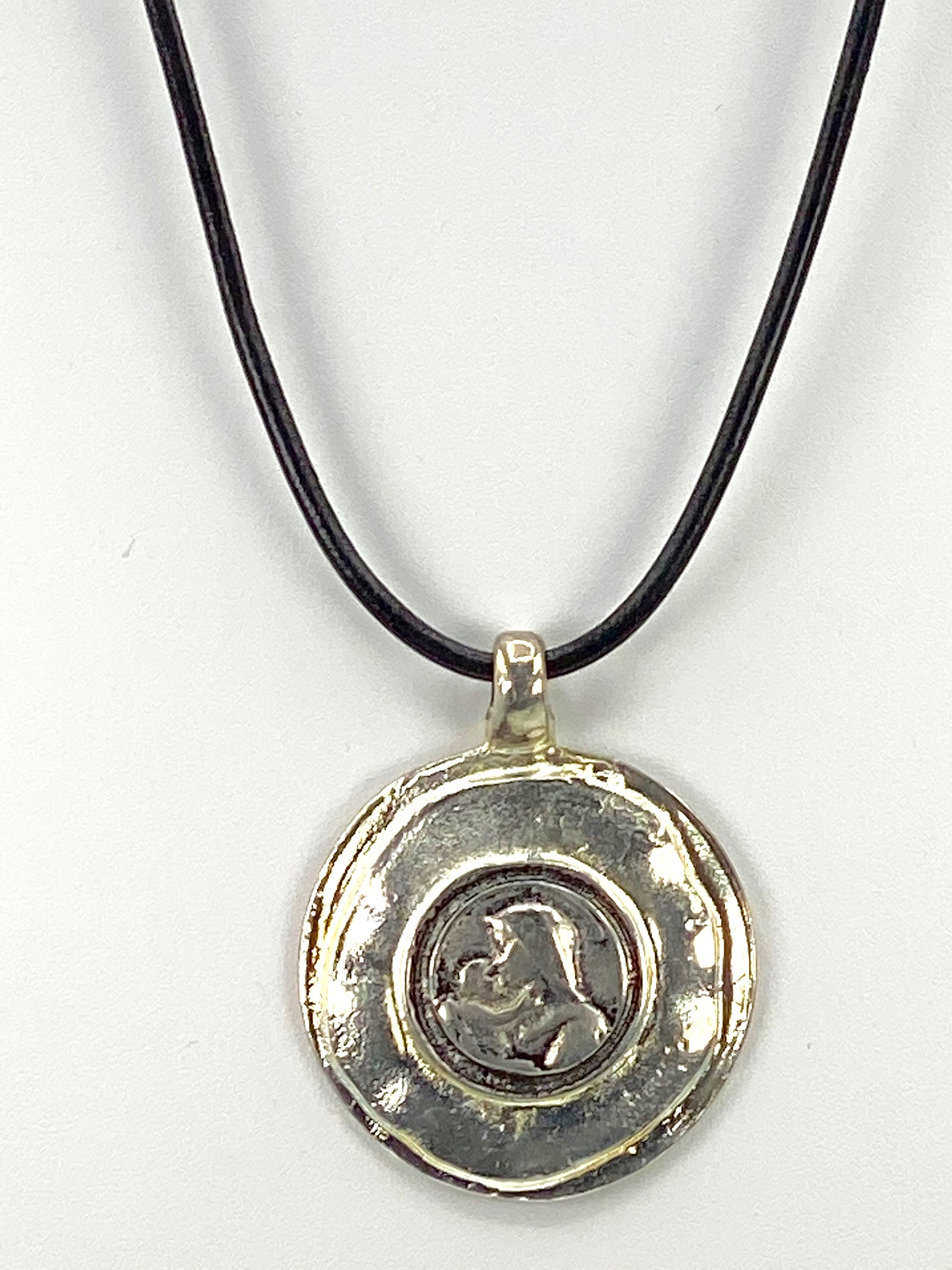 Vintage The Madonna and Child Jesus Medallion Necklace Handmade Jewelry with Genuine Leather Strap by Graciela's Collection