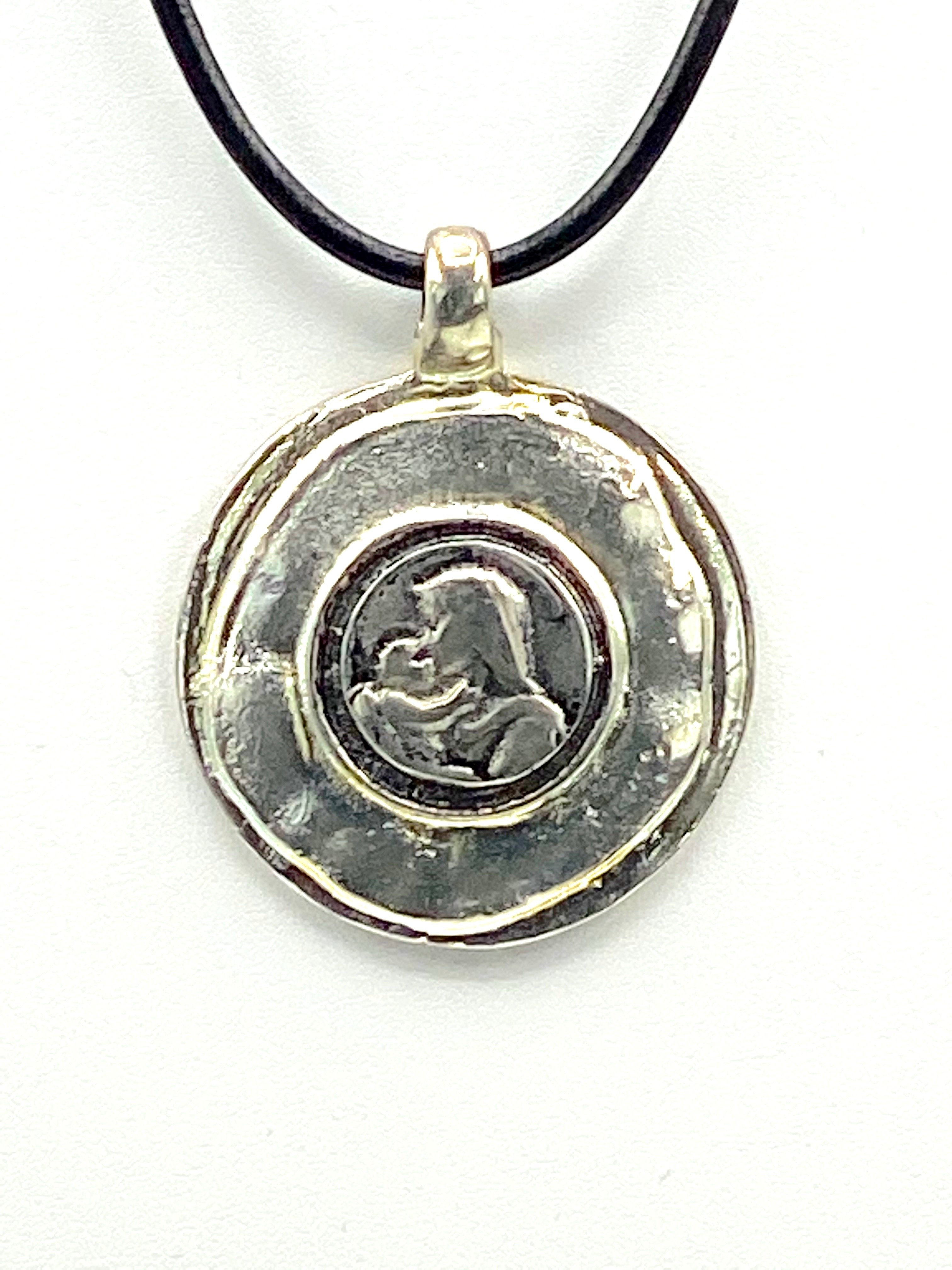 Vintage The Madonna and Child Jesus Medallion Necklace Handmade Jewelry with Genuine Leather Strap by Graciela's Collection