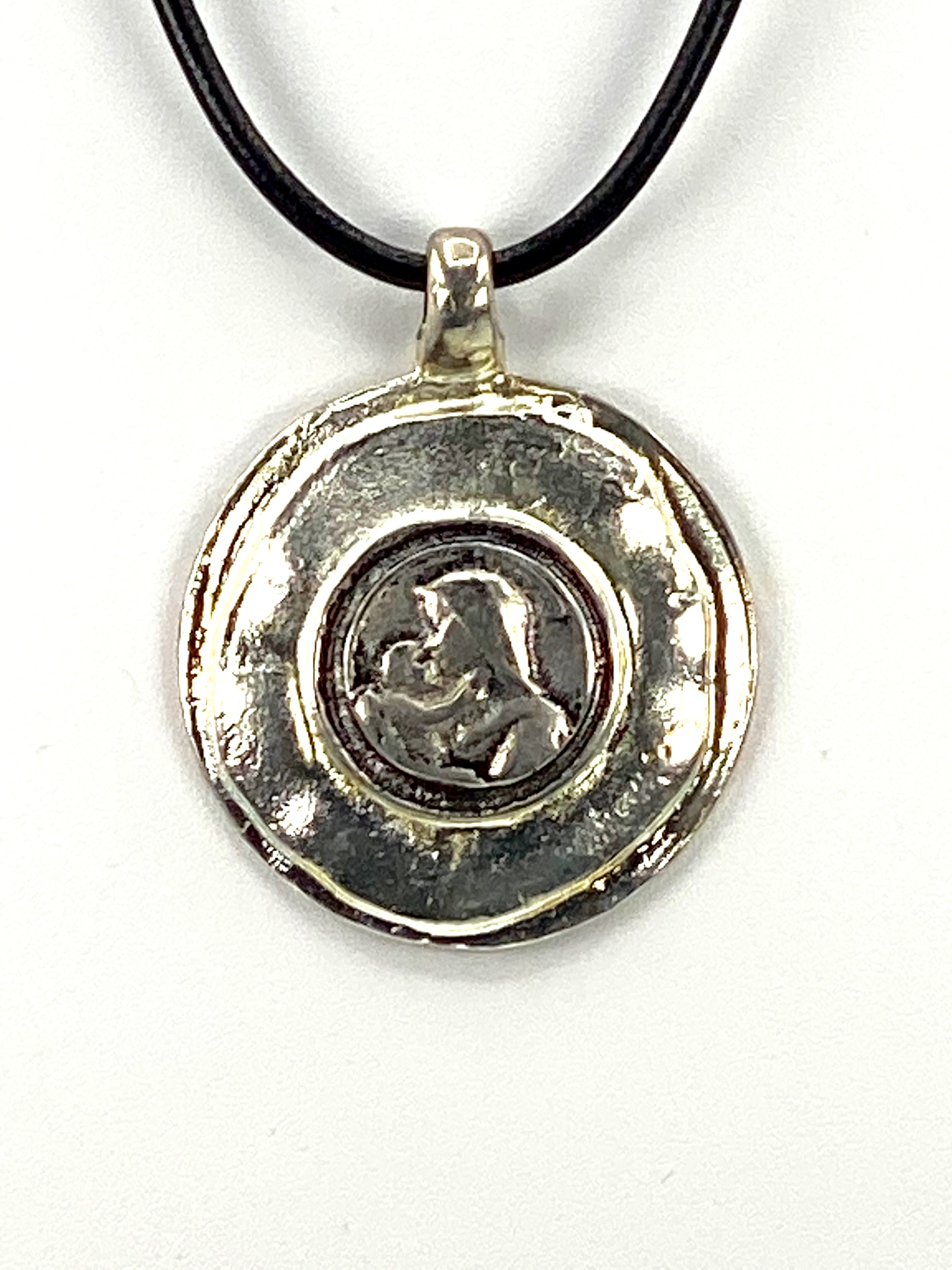 Vintage The Madonna and Child Jesus Medallion Necklace Handmade Jewelry with Genuine Leather Strap by Graciela's Collection