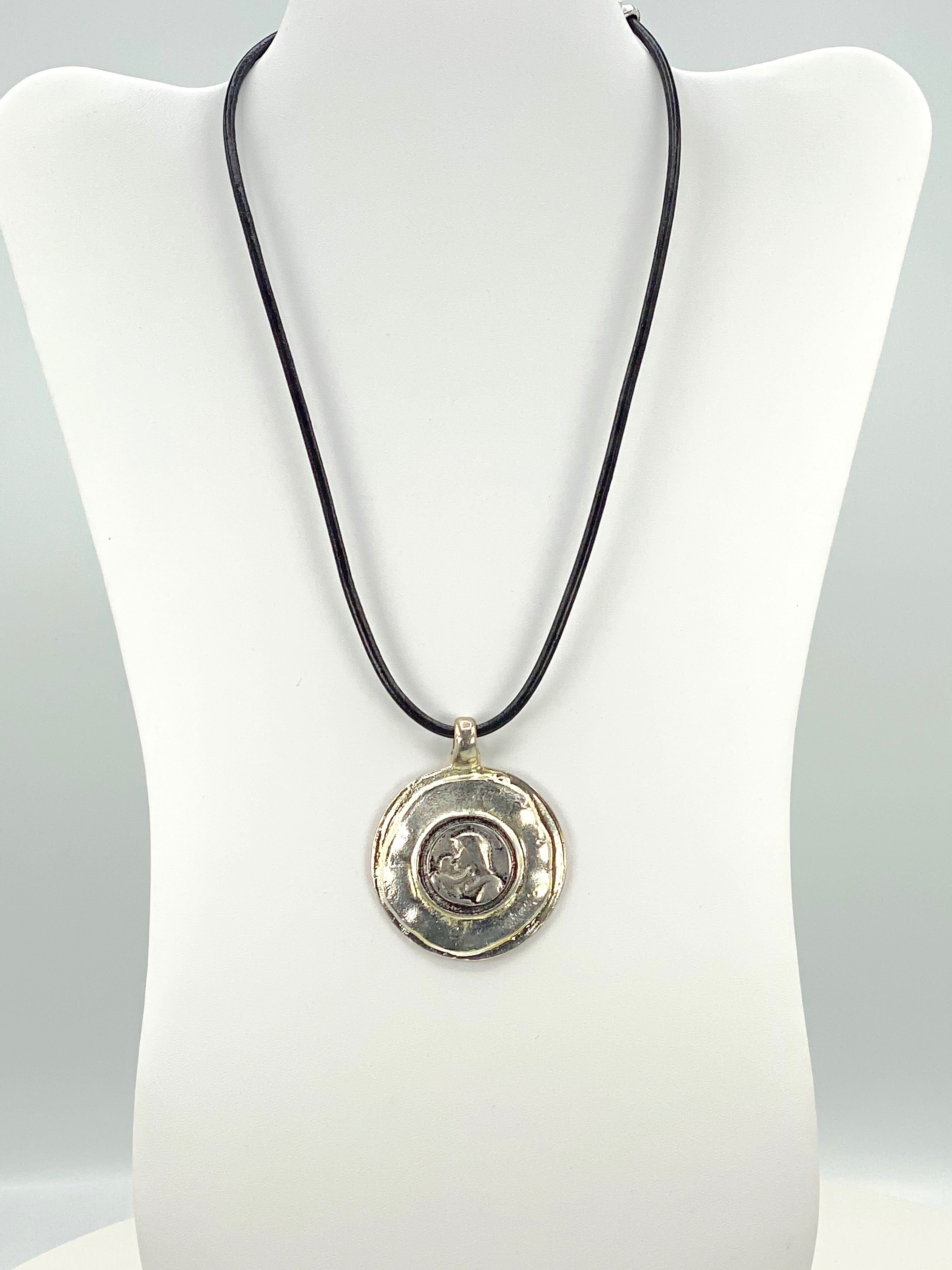 Vintage The Madonna and Child Jesus Medallion Necklace Handmade Jewelry with Genuine Leather Strap by Graciela's Collection