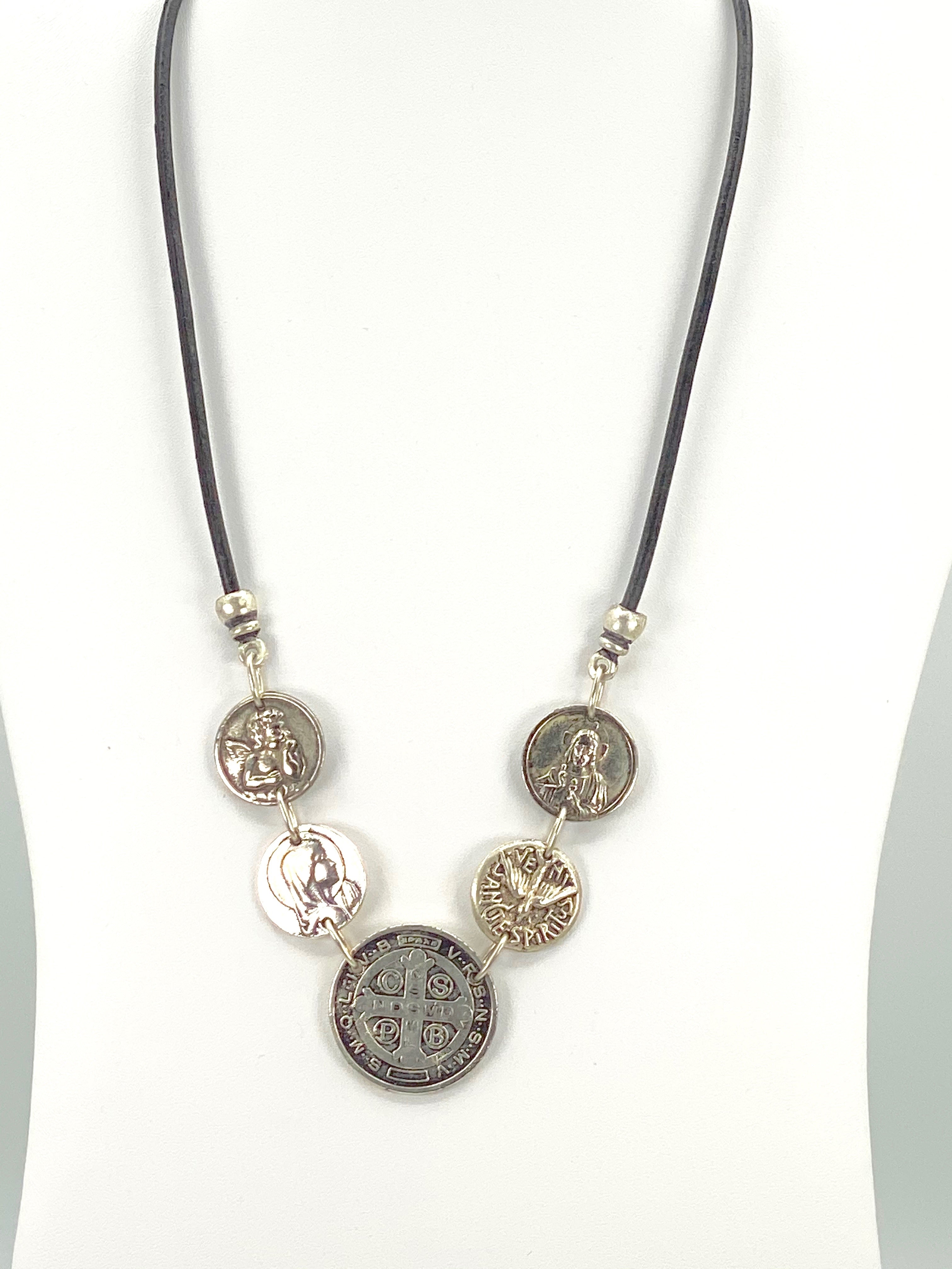 Vintage Necklace of St. Benedict, Virgin Mary, Sacred Heart of Jesus, Holy Spirit and Guardian Angel - Handmade Jewelry with Genuine Leather Strap by Graciela's Collection