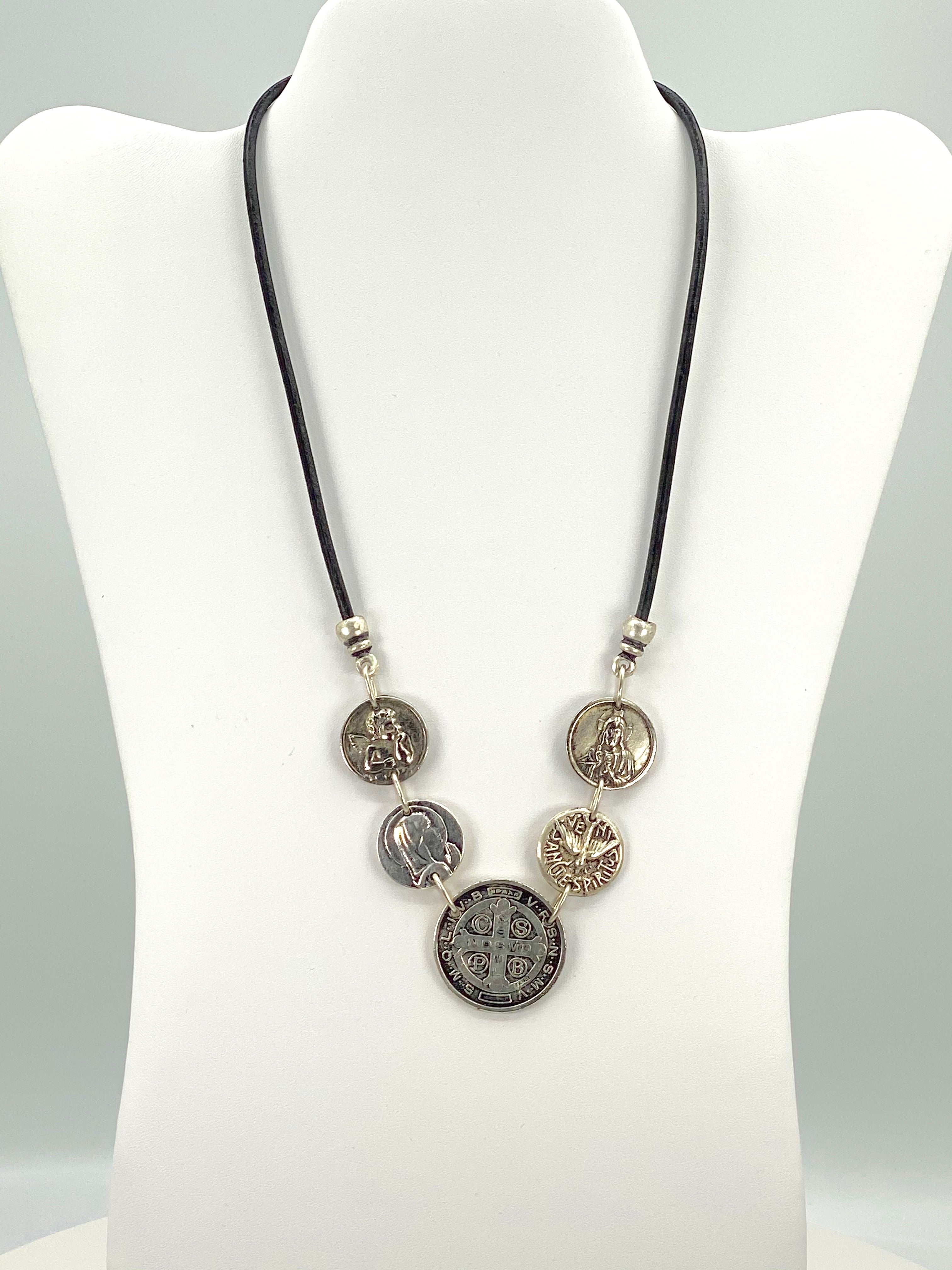 Vintage Necklace of St. Benedict, Virgin Mary, Sacred Heart of Jesus, Holy Spirit and Guardian Angel - Handmade Jewelry with Genuine Leather Strap by Graciela's Collection