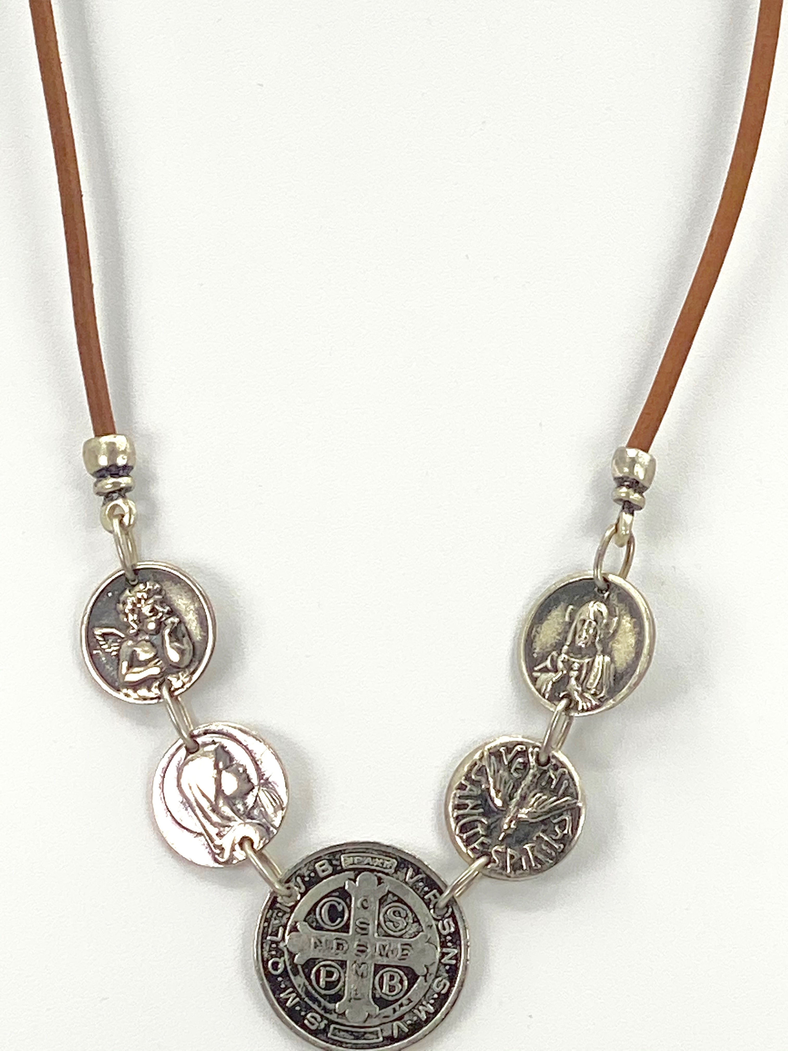 Vintage Necklace of St. Benedict, Virgin Mary, Sacred Heart of Jesus, Holy Spirit and Guardian Angel - Handmade Jewelry with Genuine Leather Strap by Graciela's Collection
