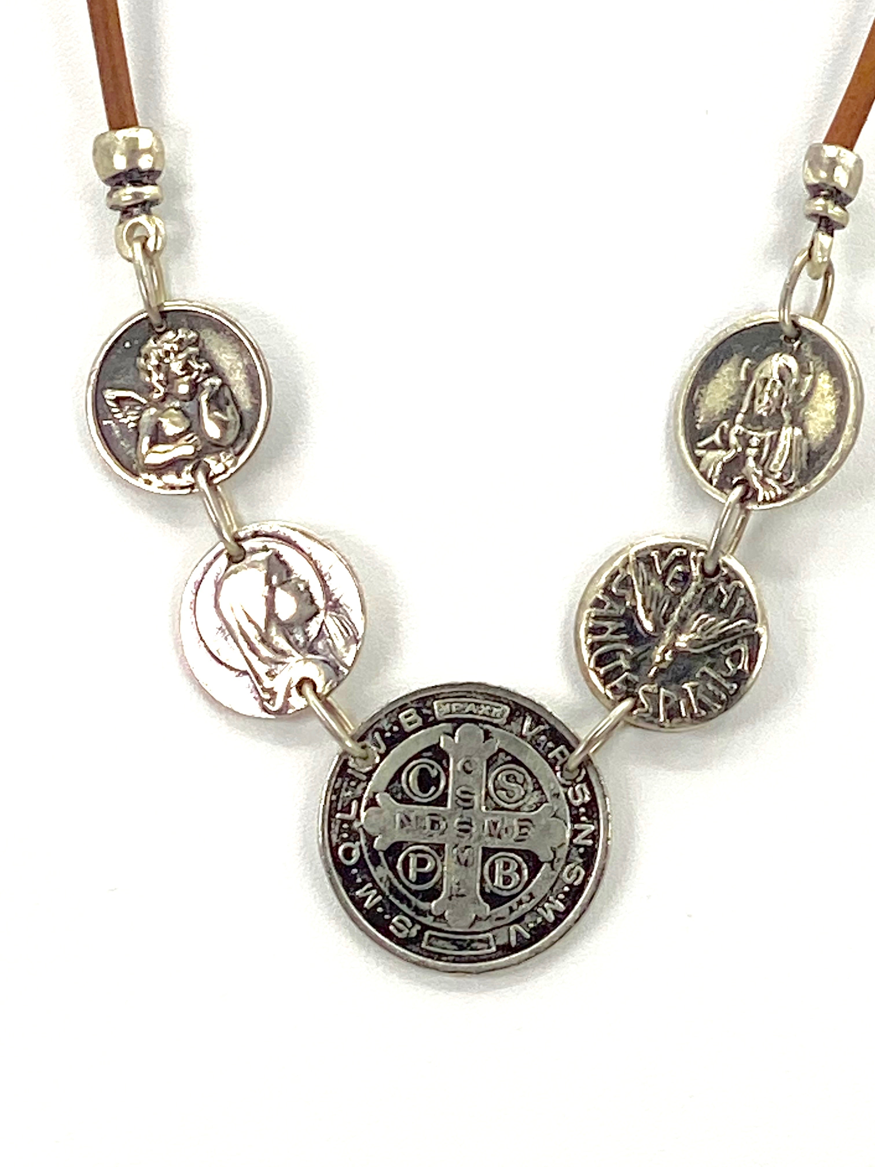 Vintage Necklace of St. Benedict, Virgin Mary, Sacred Heart of Jesus, Holy Spirit and Guardian Angel - Handmade Jewelry with Genuine Leather Strap by Graciela's Collection