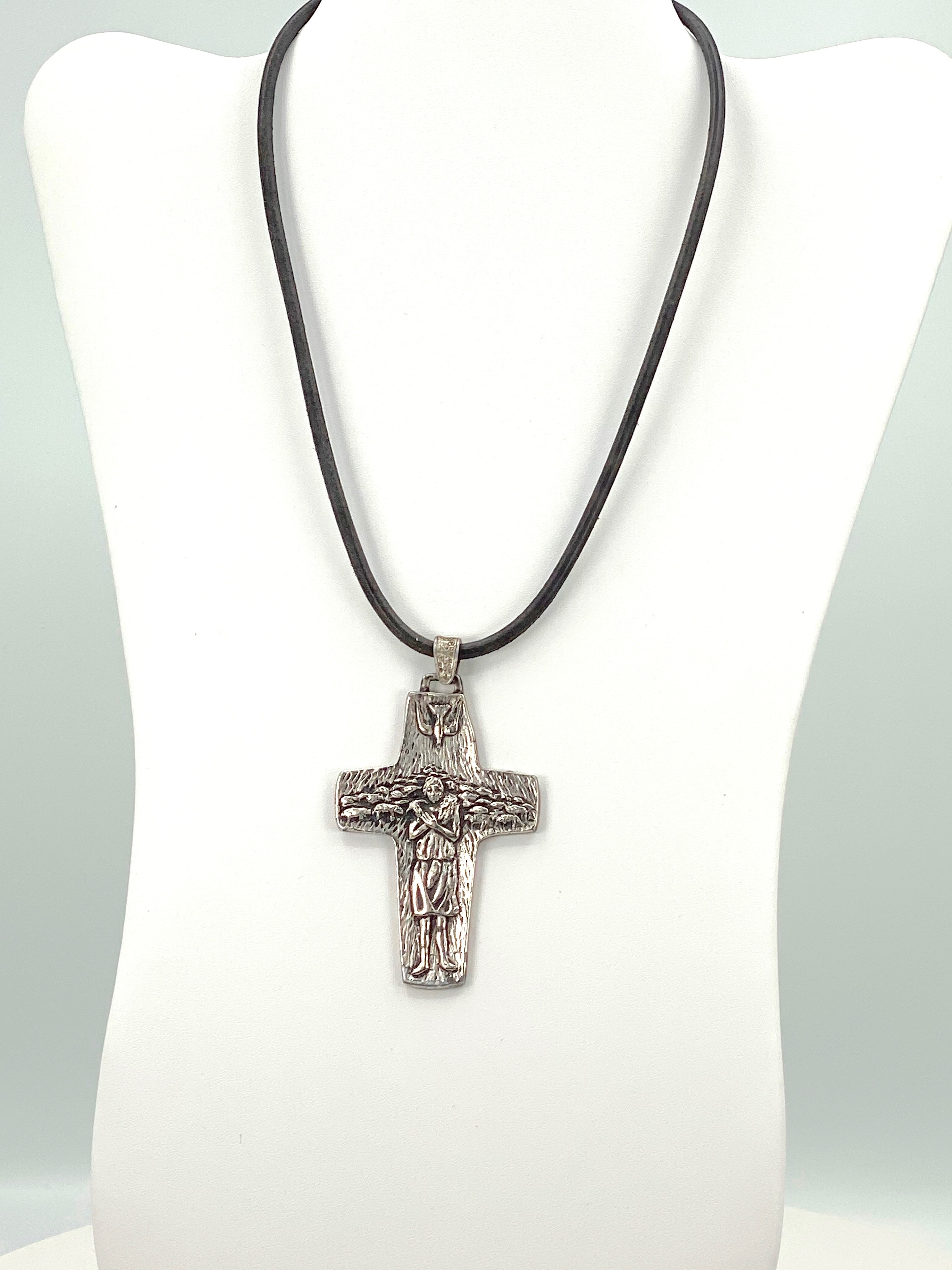 Vintage Necklace of the Good Sheppard Handmade Jewelry with Genuine Leather Strap by Graciela's Collection