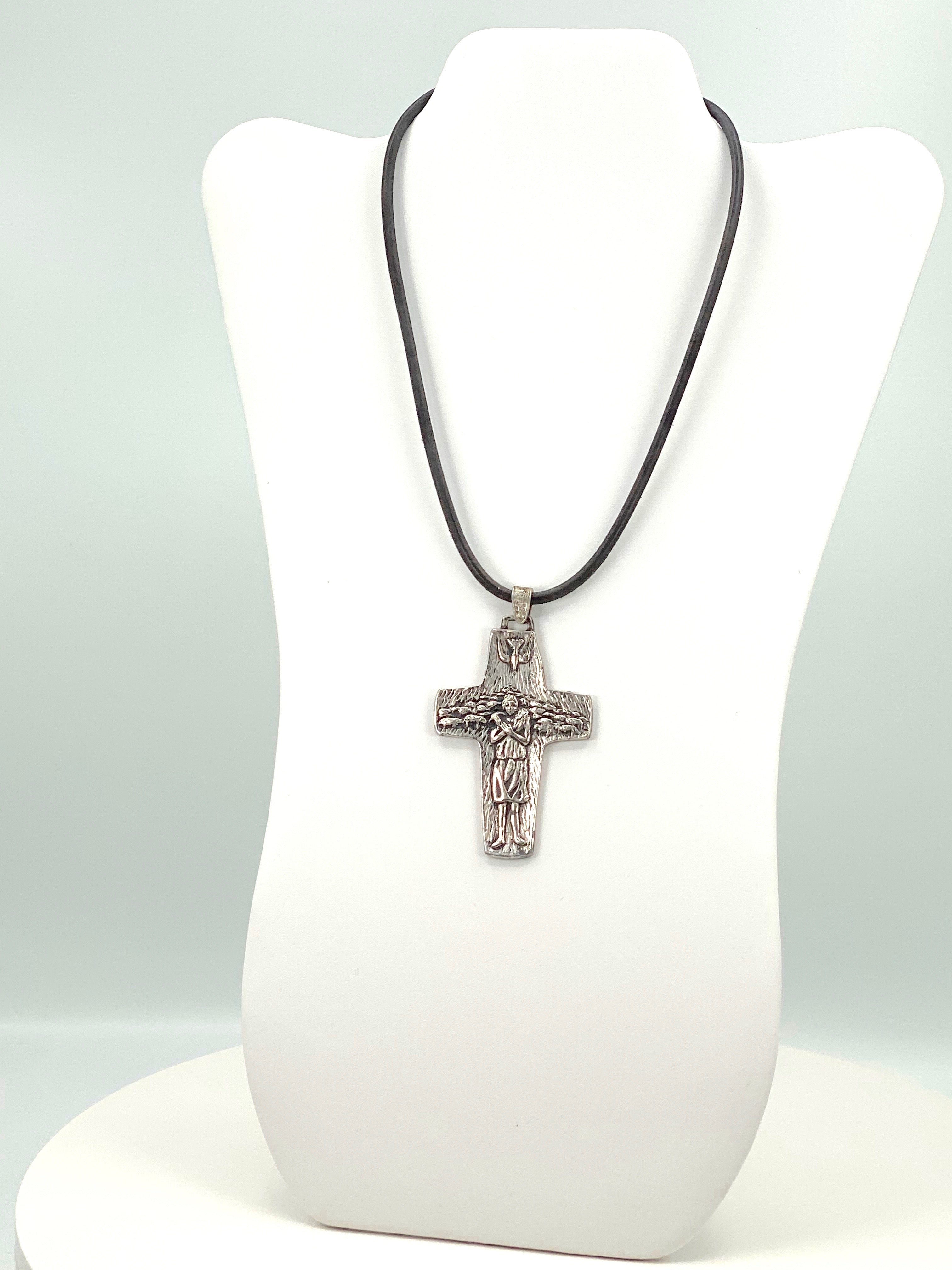 Vintage Necklace of the Good Sheppard Handmade Jewelry with Genuine Leather Strap by Graciela's Collection