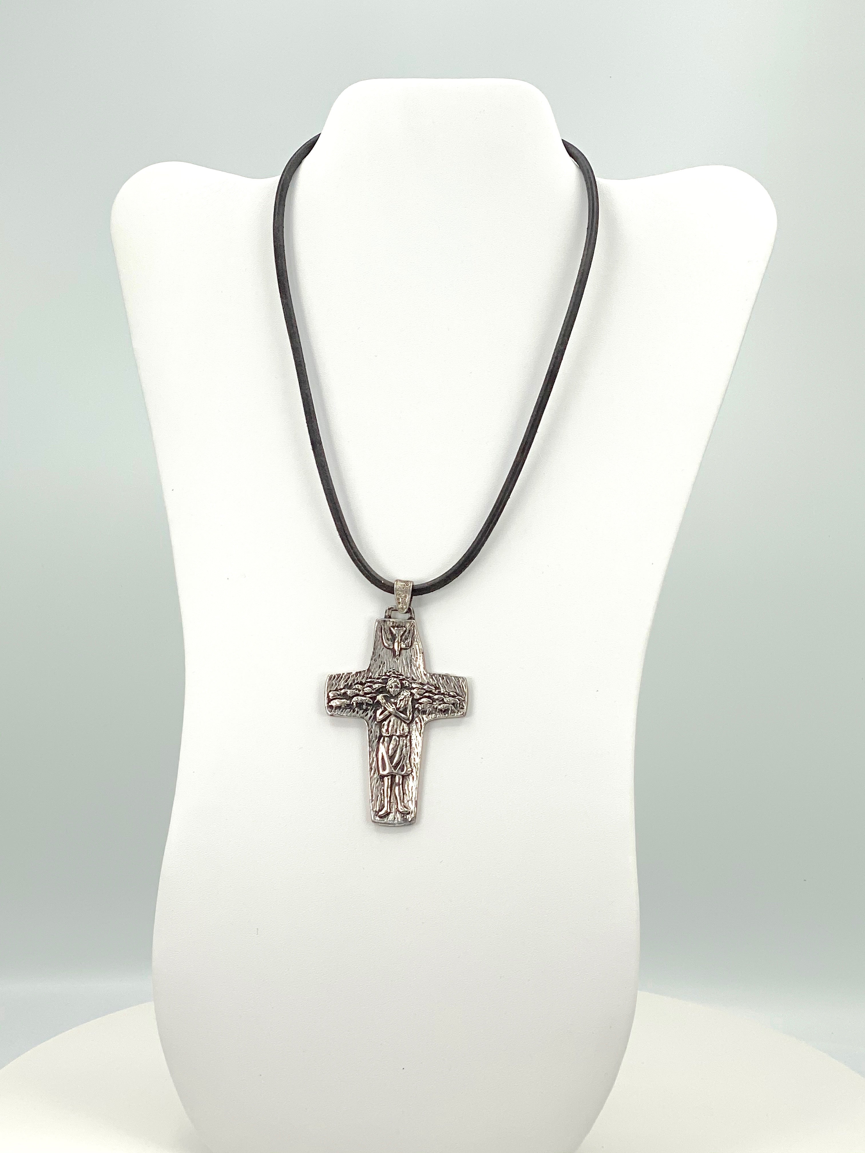 Vintage Necklace of the Good Sheppard Handmade Jewelry with Genuine Leather Strap by Graciela's Collection