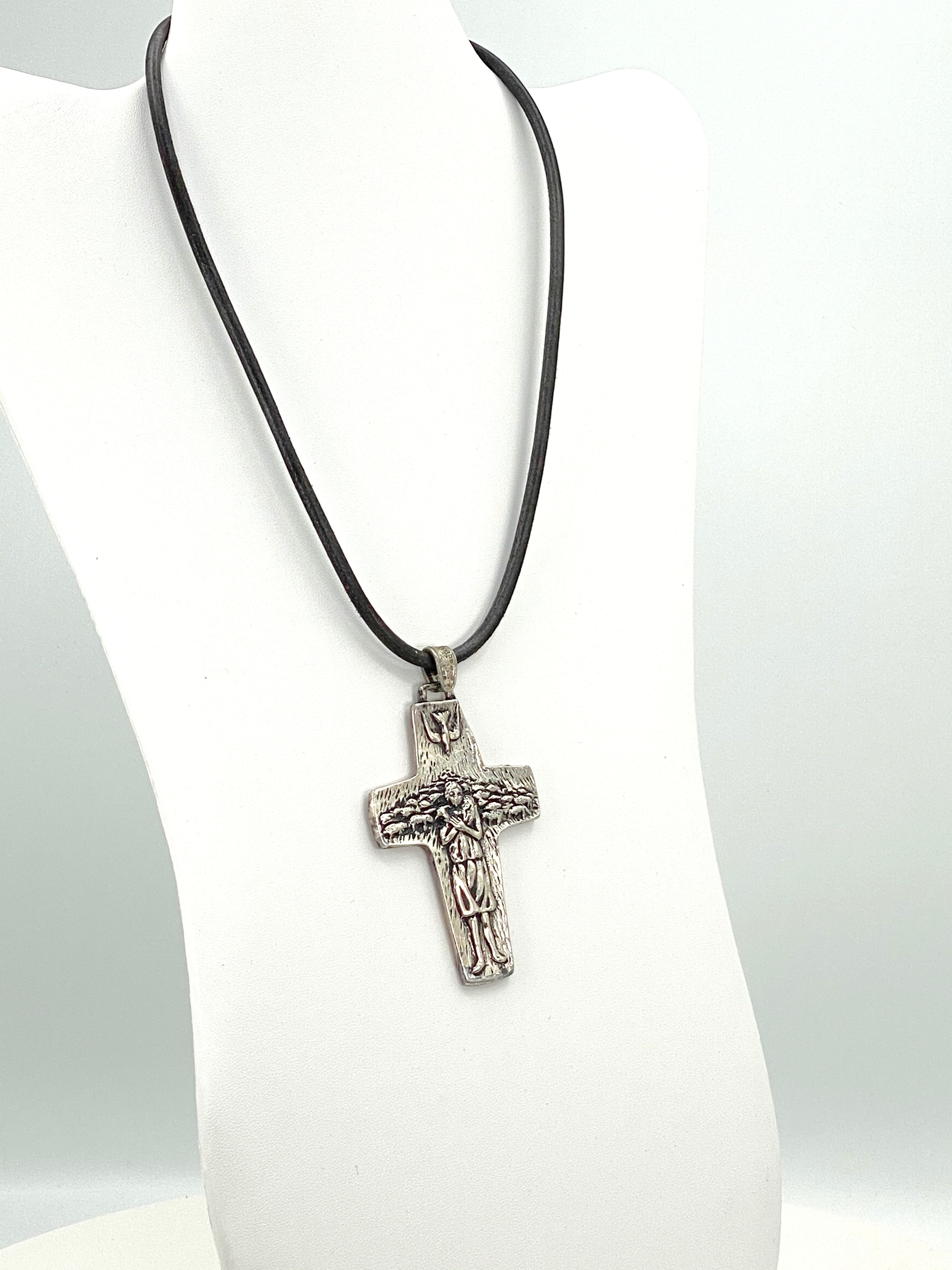 Vintage Necklace of the Good Sheppard Handmade Jewelry with Genuine Leather Strap by Graciela's Collection