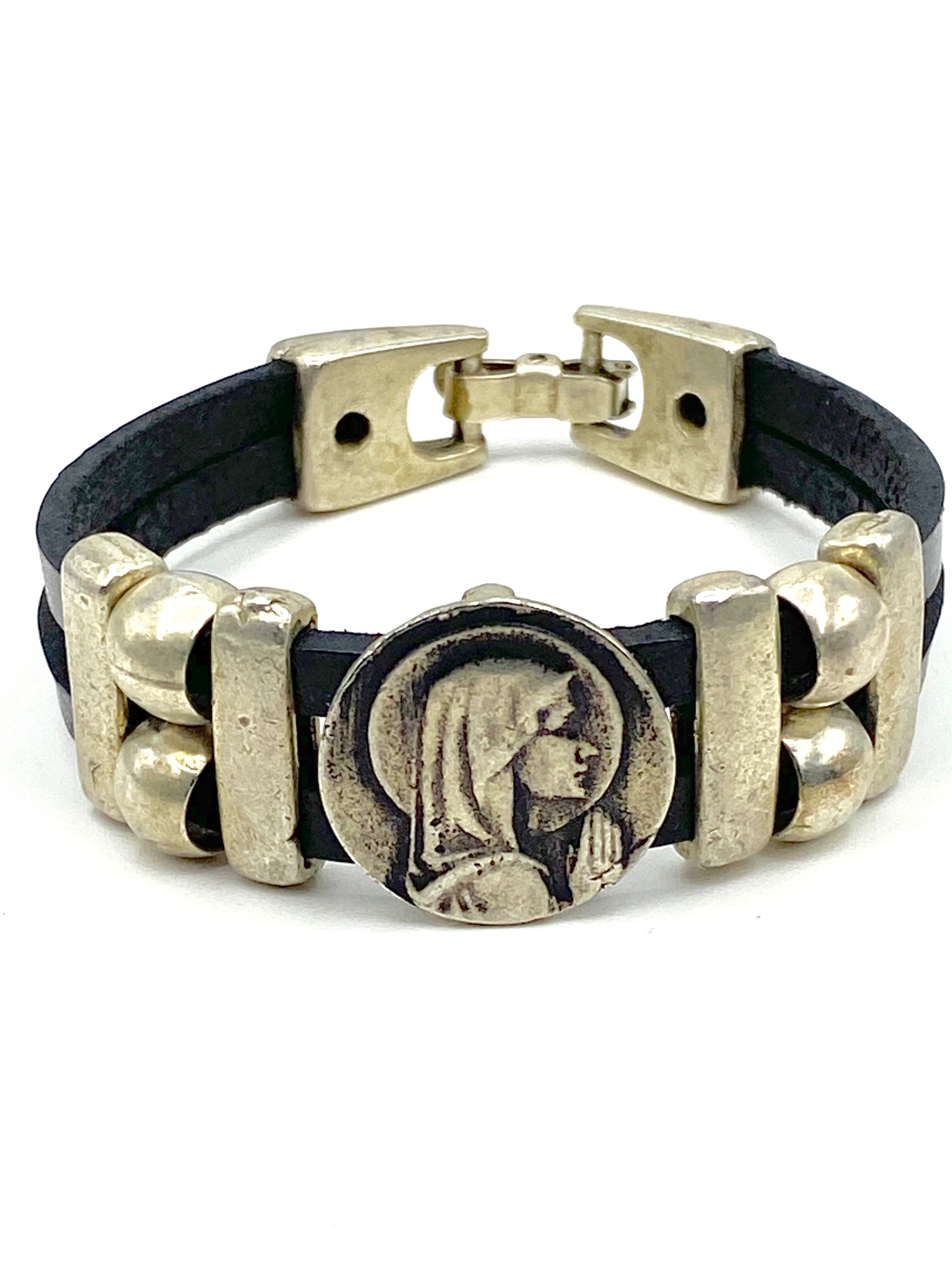 Vintage Virgen Mary bracelet handmade jewelry with Double Leather strap by Graciela's Collection