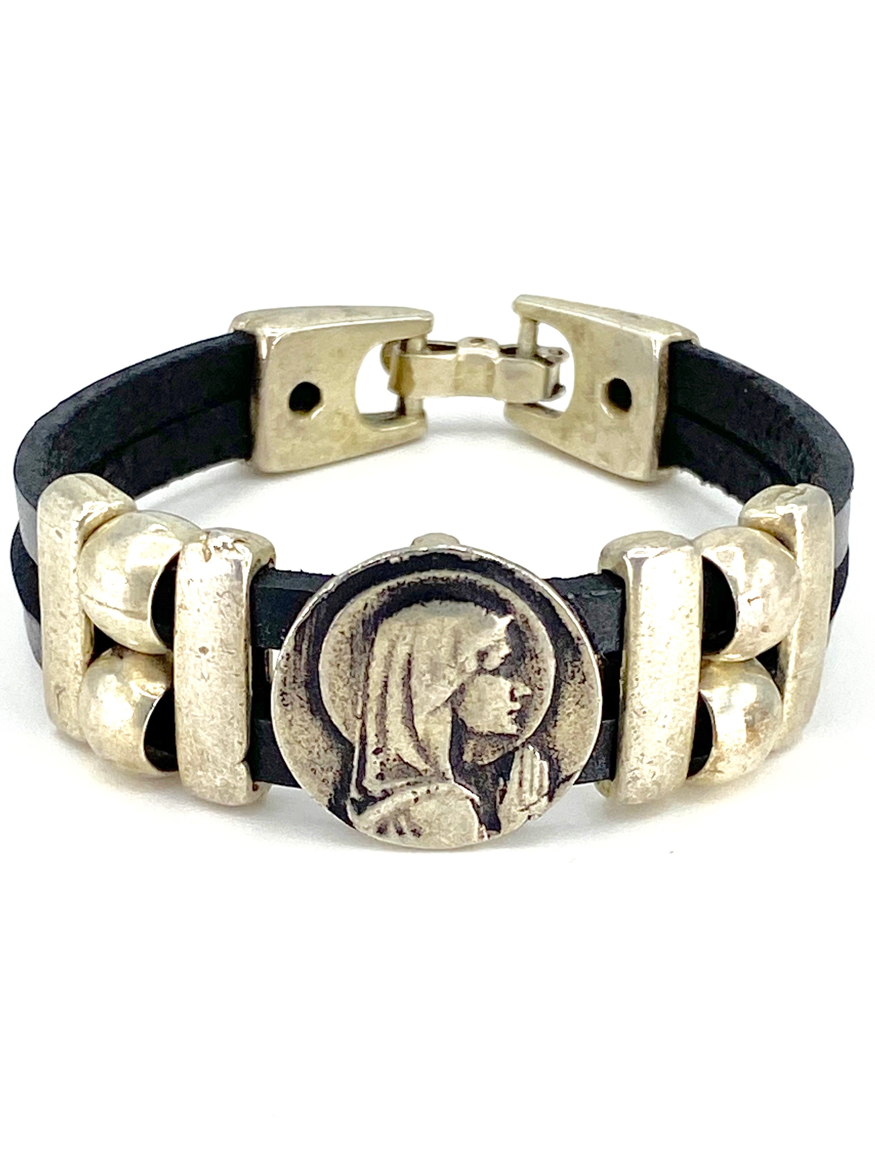 Vintage Virgen Mary bracelet handmade jewelry with Double Leather strap by Graciela's Collection