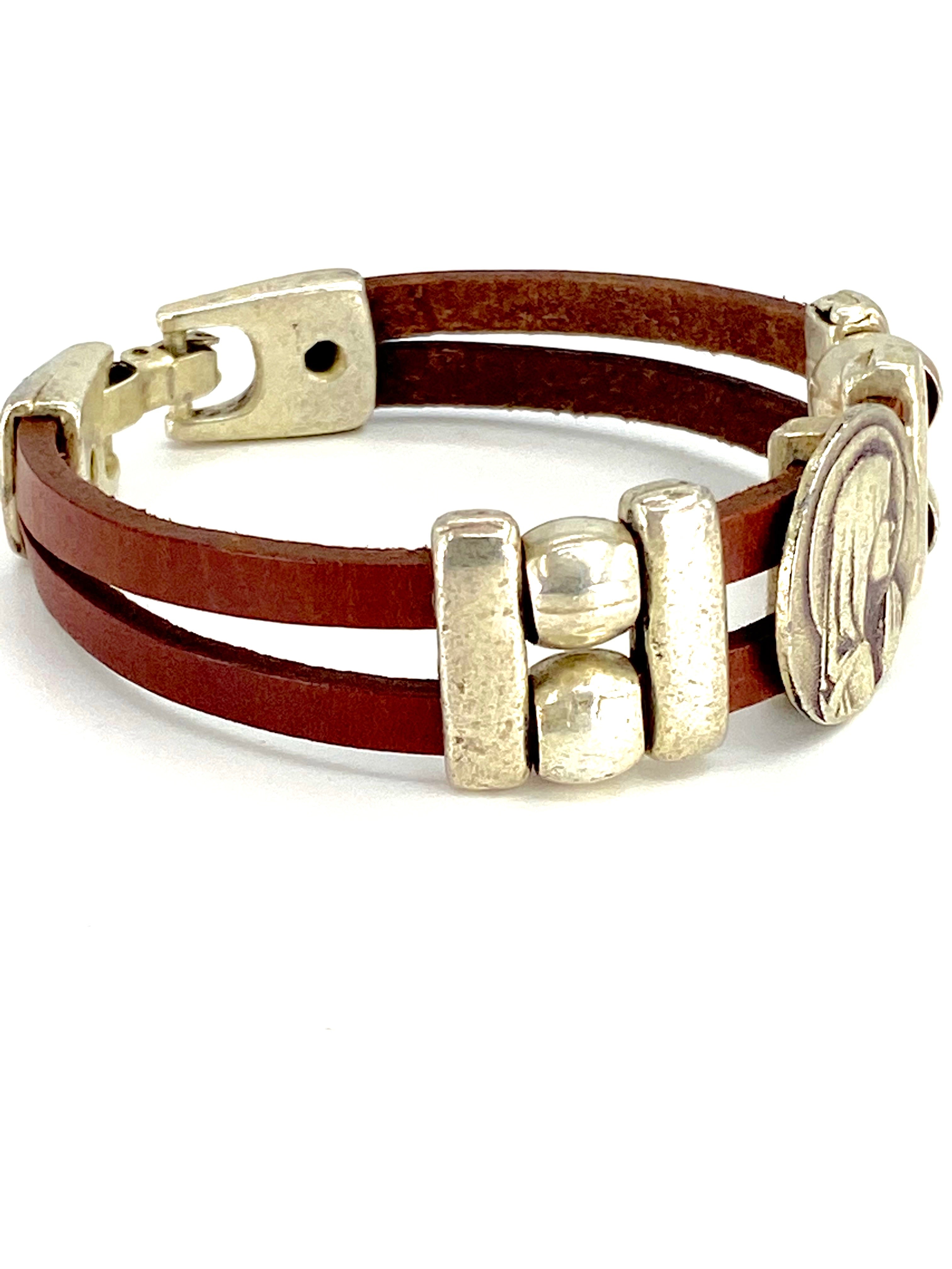 Vintage Virgen Mary bracelet handmade jewelry with Double Leather strap by Graciela's Collection