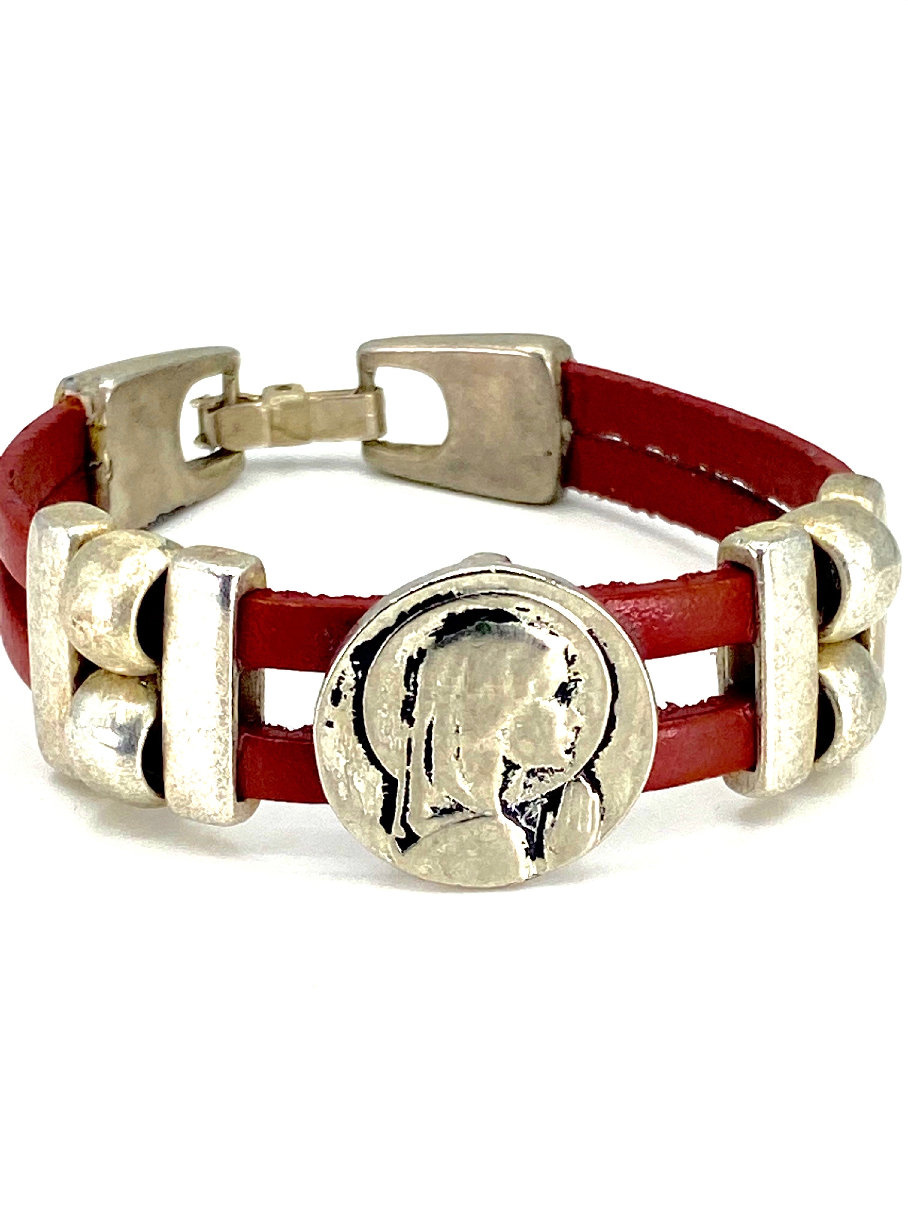 Vintage Virgen Mary bracelet handmade jewelry with Double Leather strap by Graciela's Collection