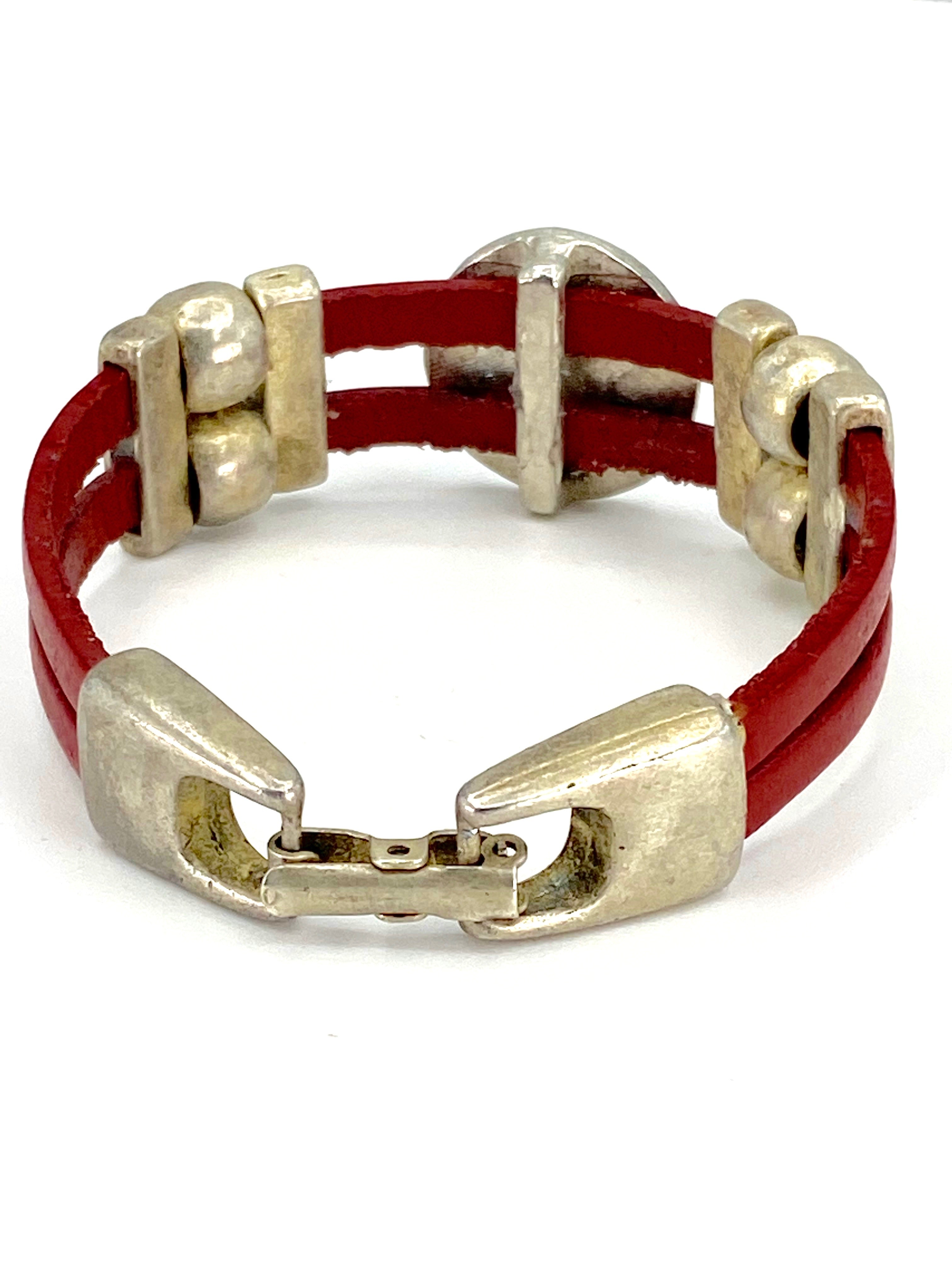 Vintage Virgen Mary bracelet handmade jewelry with Double Leather strap by Graciela's Collection