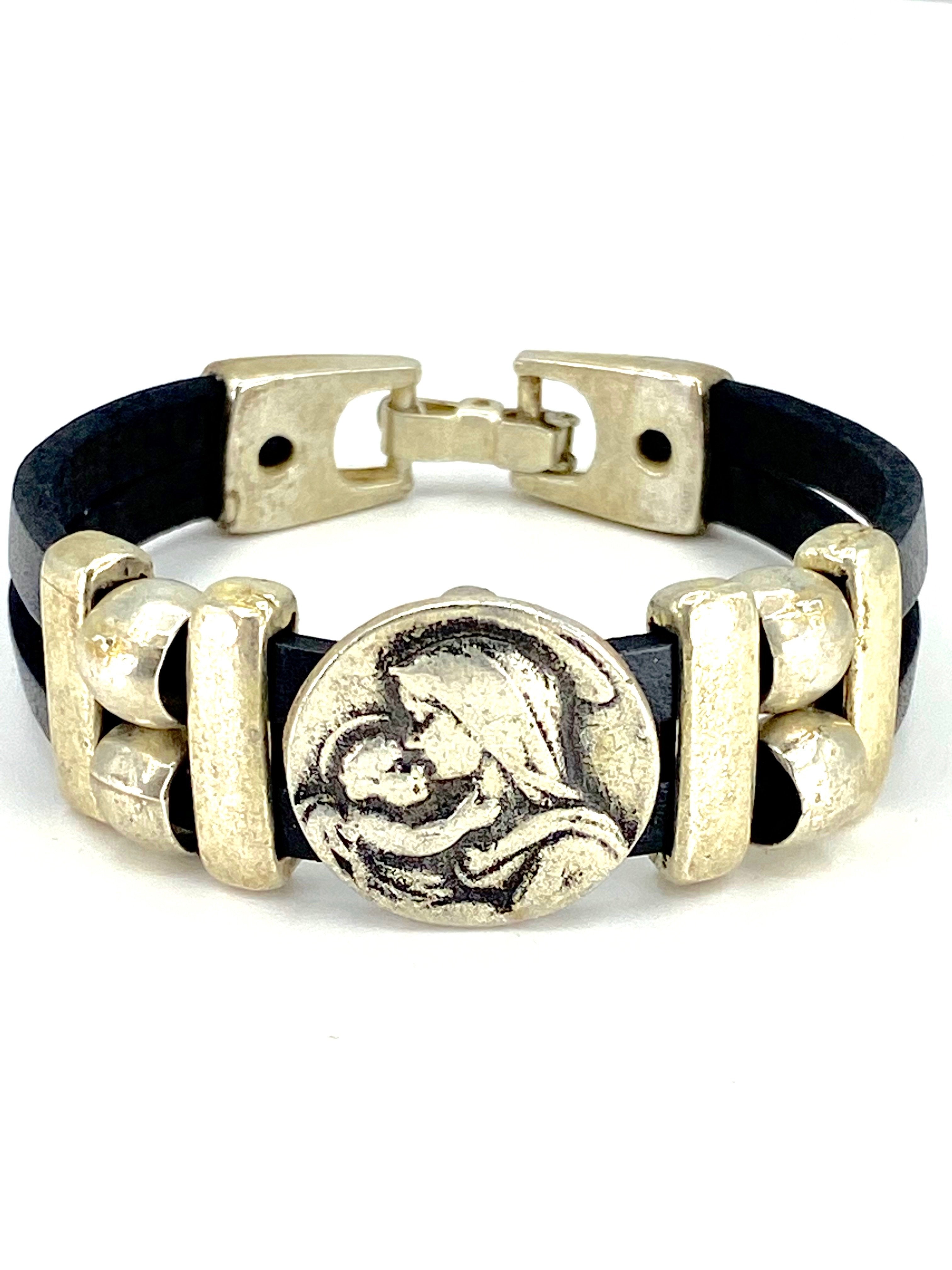 Bracelet of The Madonna and Child Jesus bracelet handmade jewelry with Double Leather Straps by Graciela's Collection