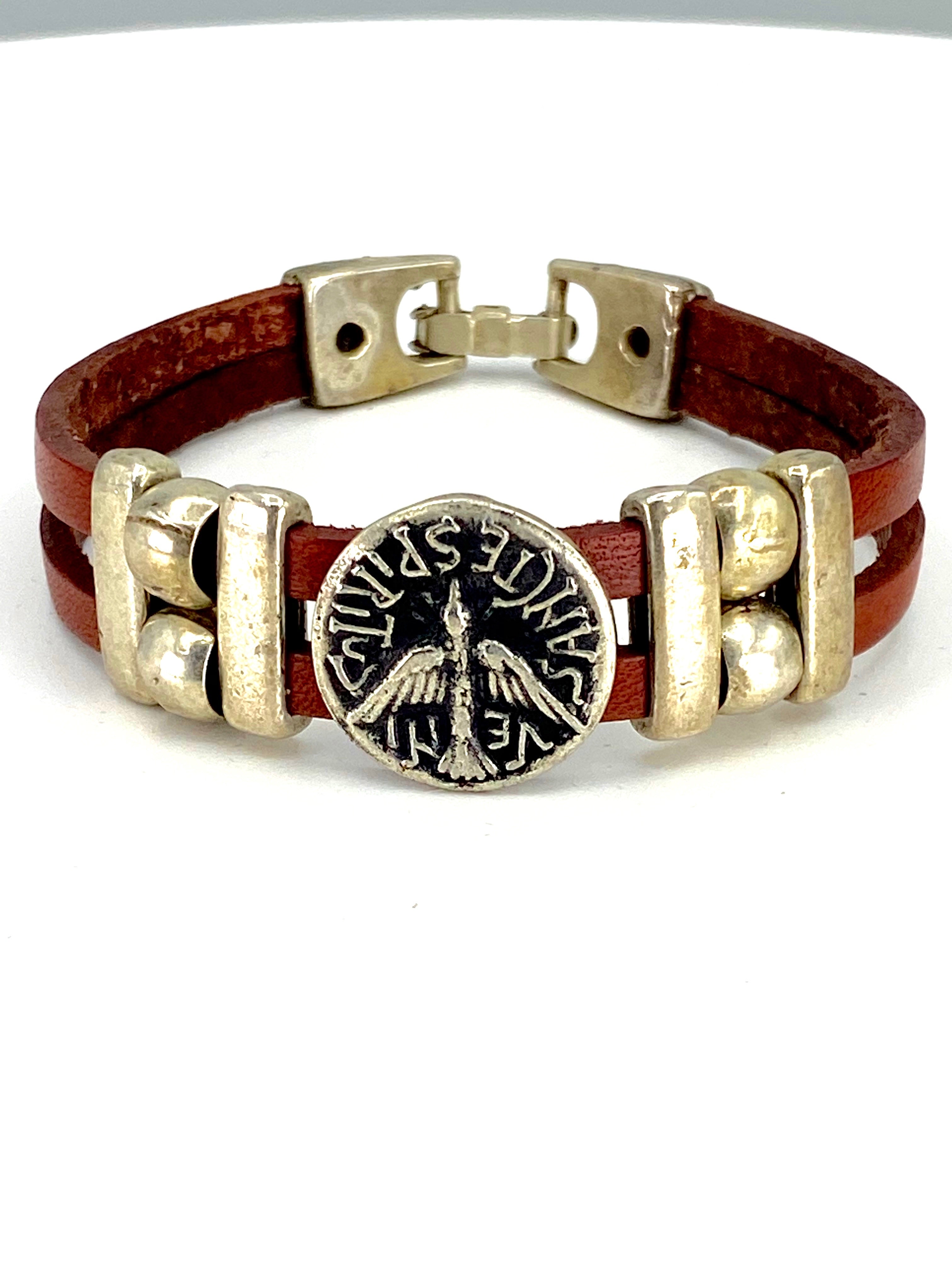 Vintage The Holy Spirit Bracelet handmade jewelry with Leather straps by Graciela's Collection