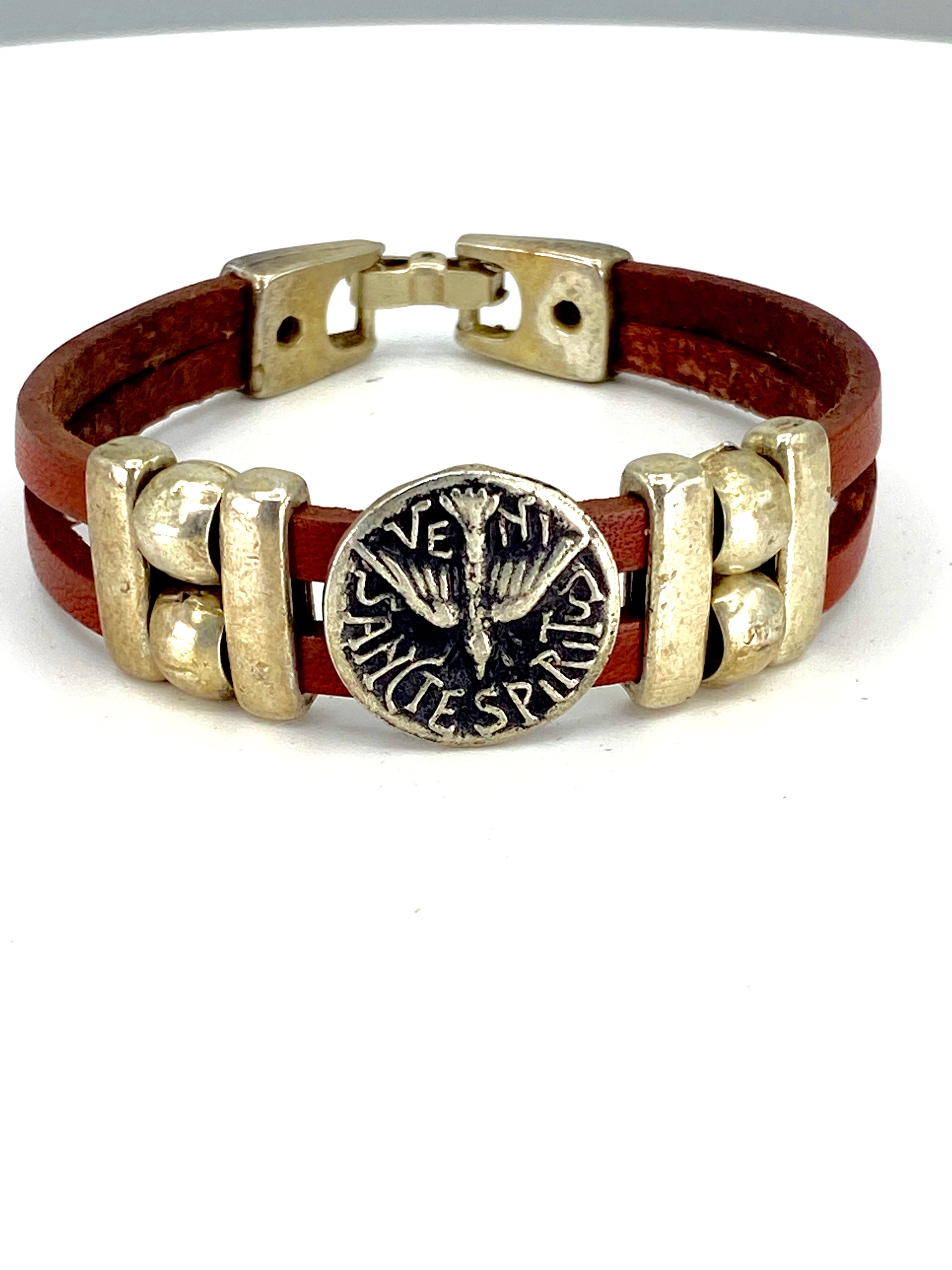Vintage The Holy Spirit Bracelet handmade jewelry with Leather straps by Graciela's Collection