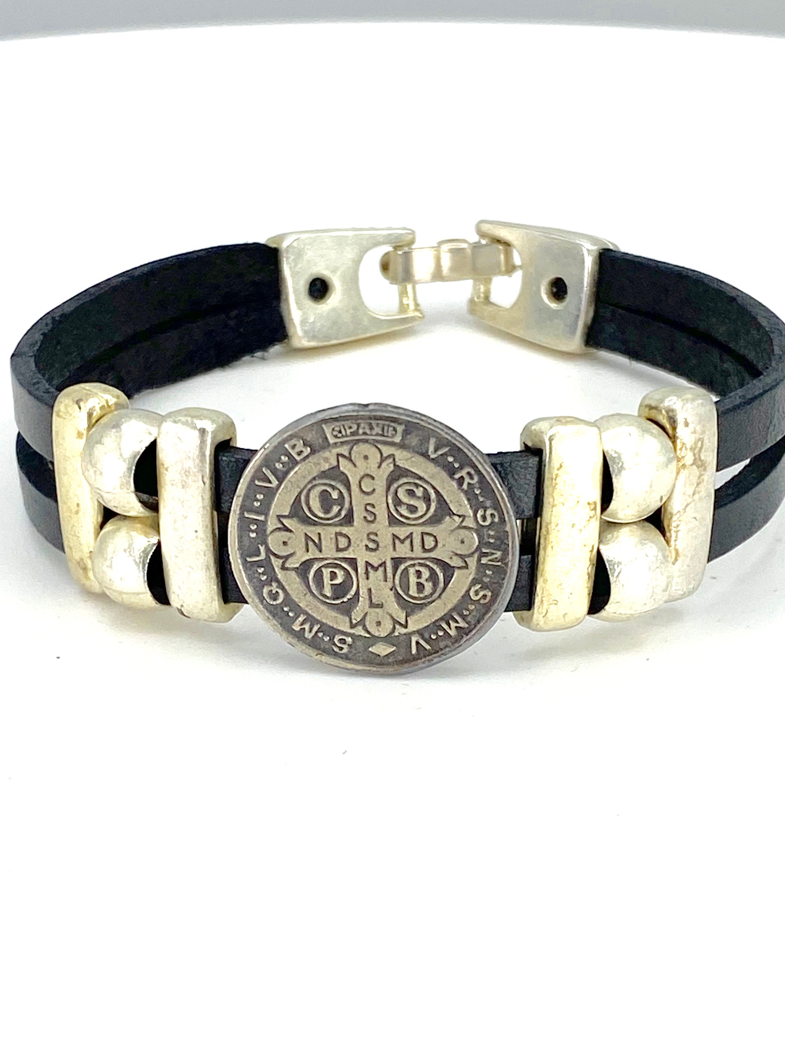 Vintage St. Benedict bracelet handmade jewelry with Double Leather Straps by Graciela's Collection