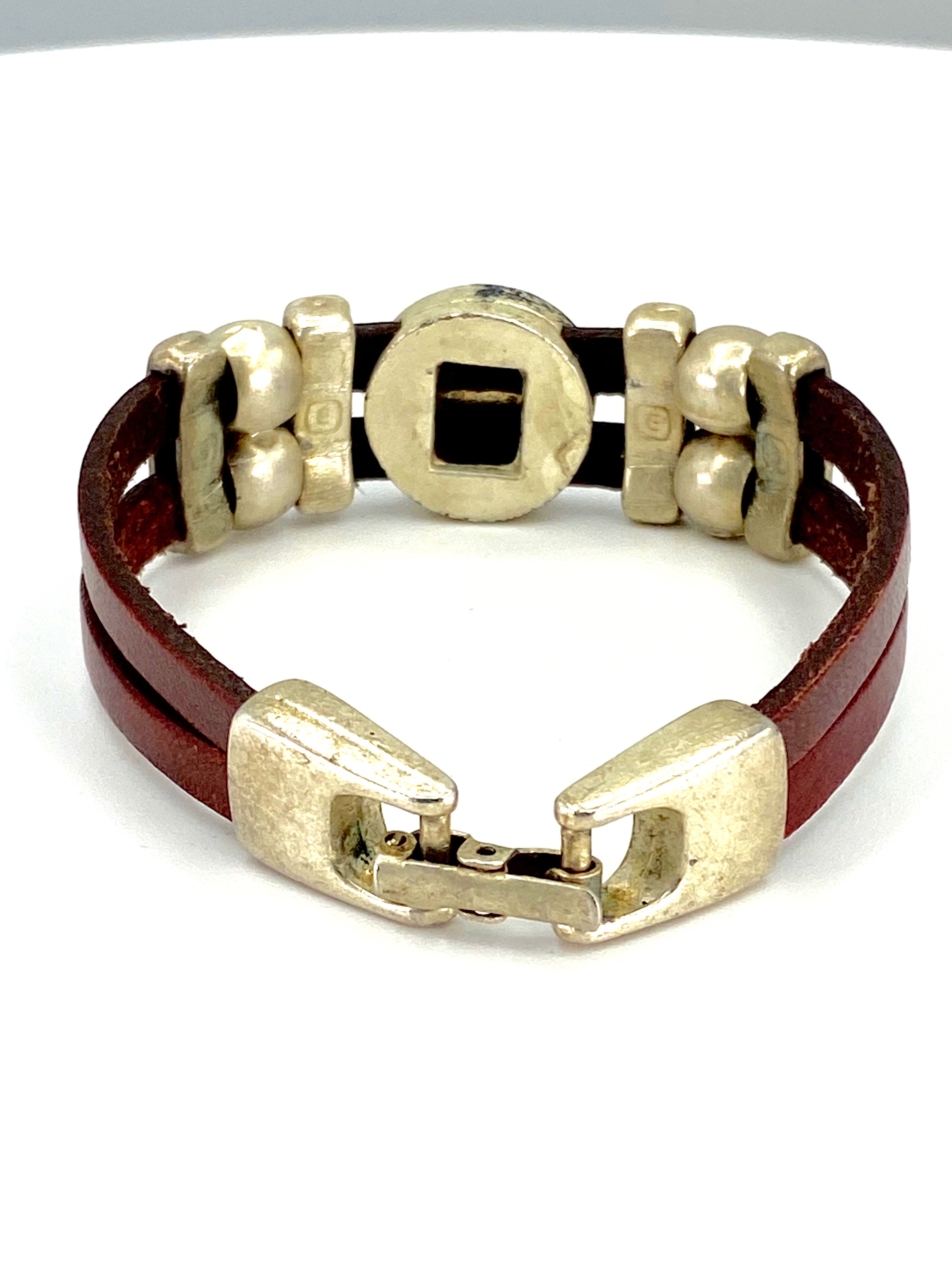 Vintage Sacred Heart bracelet handmade jewelry with Genuine Double Leather straps by Graciela's Collection