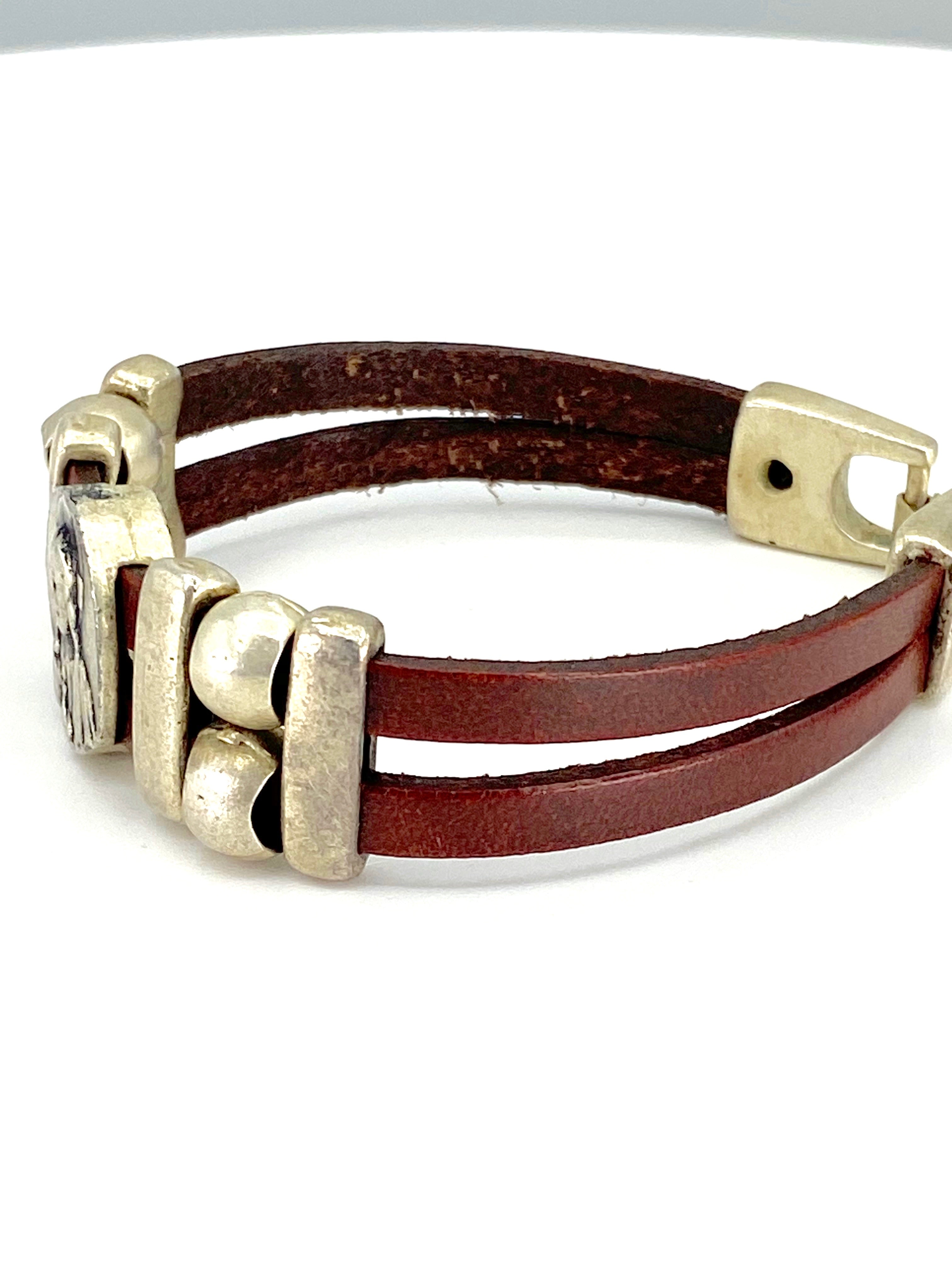 Vintage Sacred Heart bracelet handmade jewelry with Genuine Double Leather straps by Graciela's Collection