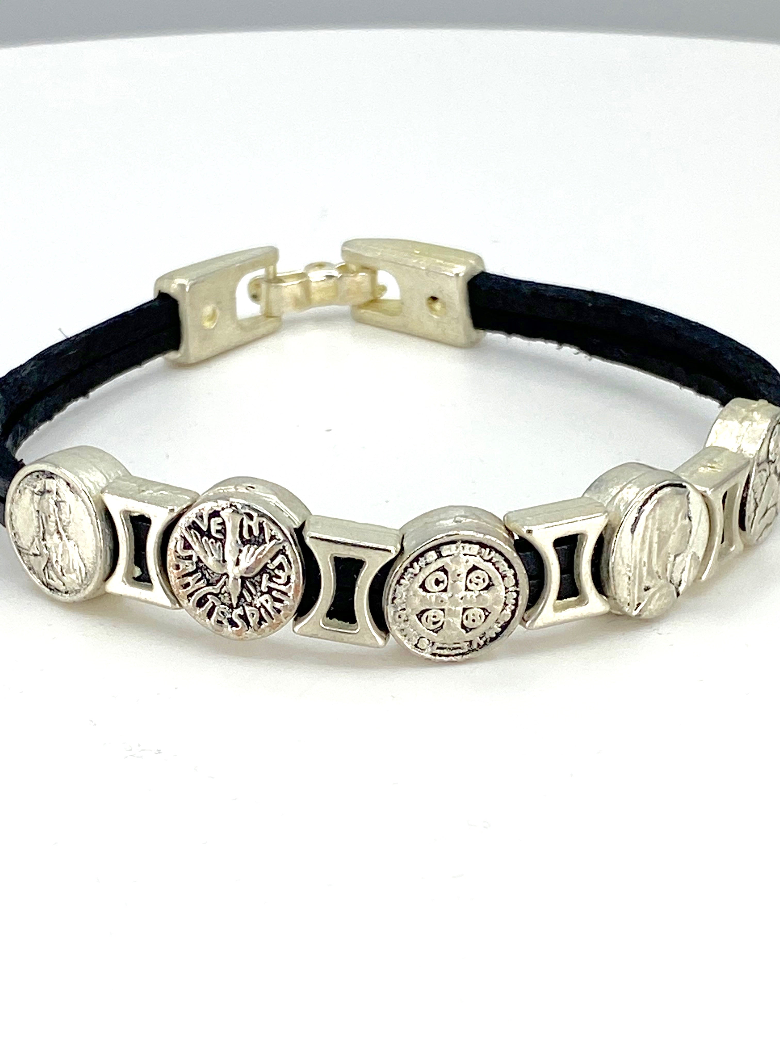 Vintage Bracelet of Virgen Mary, St. Benedict, Sacred Heart of Jesus, Guardian Angel, and The Holy Spirit handmade jewelry by Graciela's Collection