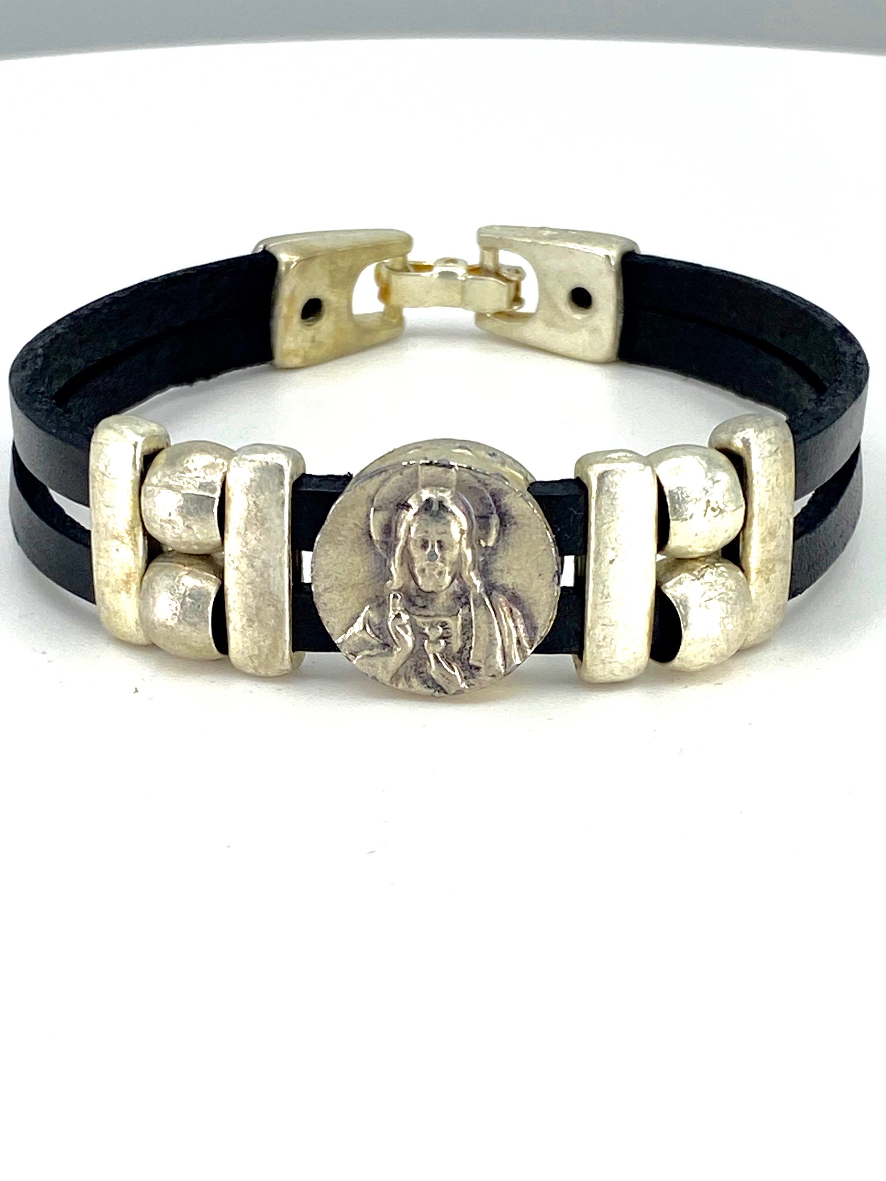 Vintage Sacred Heart bracelet handmade jewelry with Genuine Double Leather straps by Graciela's Collection