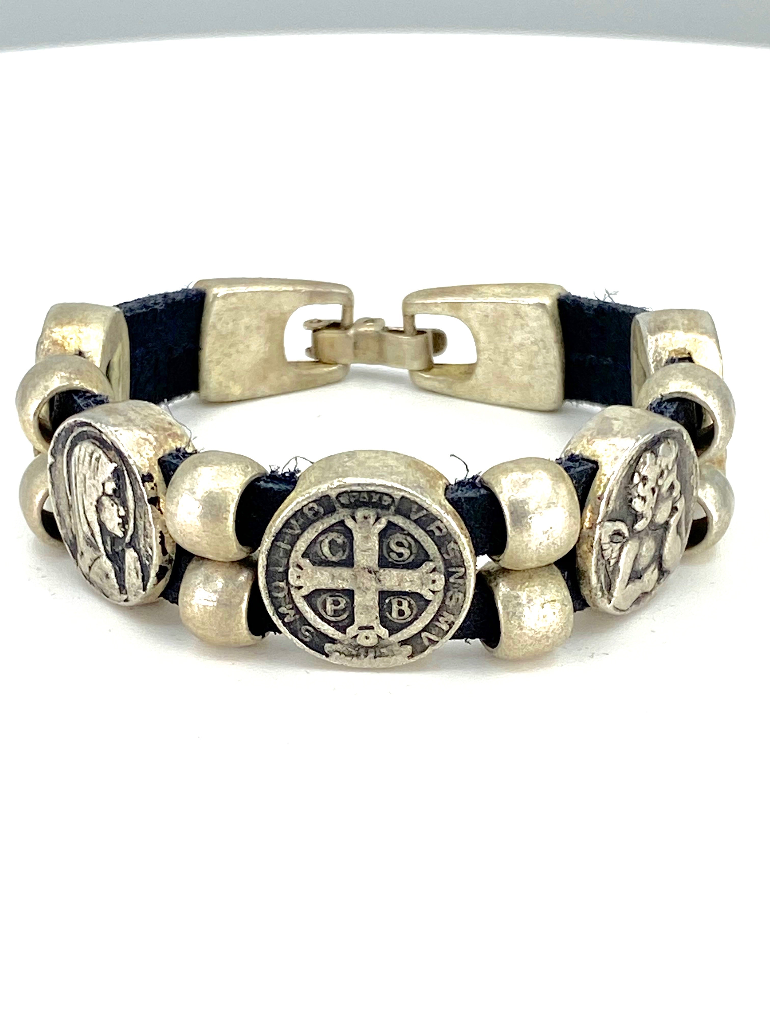 Vintage Bracelet with Double Leather Strap and Medals of The Virgen Mary, St. Benedict, Sacred Heart of Jesus, Guardian Angel, and Holy Spirit handmade jewelry by Graciela's Collection