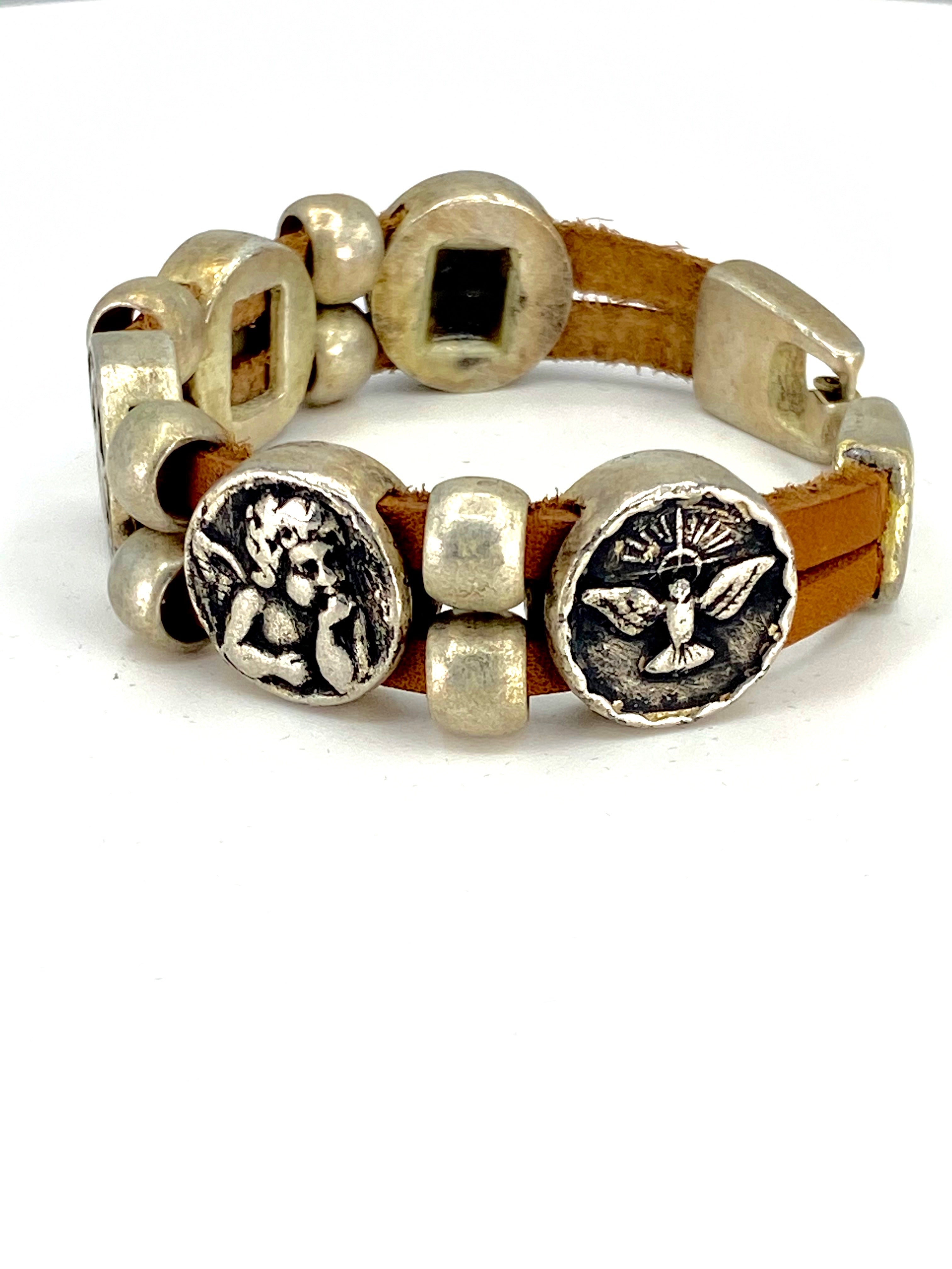 Vintage Bracelet with Double Leather Strap and Medals of The Virgen Mary, St. Benedict, Sacred Heart of Jesus, Guardian Angel, and Holy Spirit handmade jewelry by Graciela's Collection