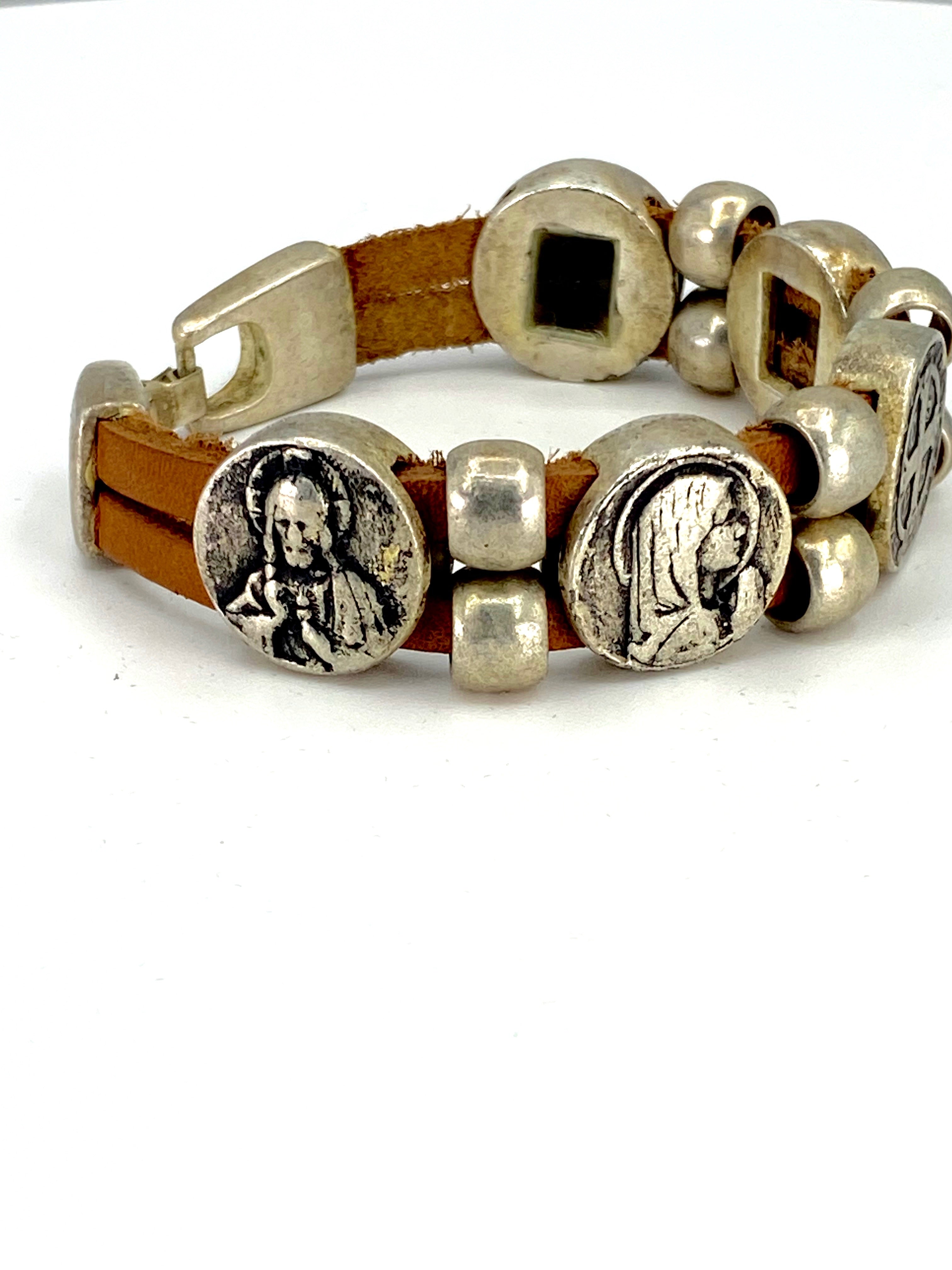 Vintage Bracelet with Double Leather Strap and Medals of The Virgen Mary, St. Benedict, Sacred Heart of Jesus, Guardian Angel, and Holy Spirit handmade jewelry by Graciela's Collection
