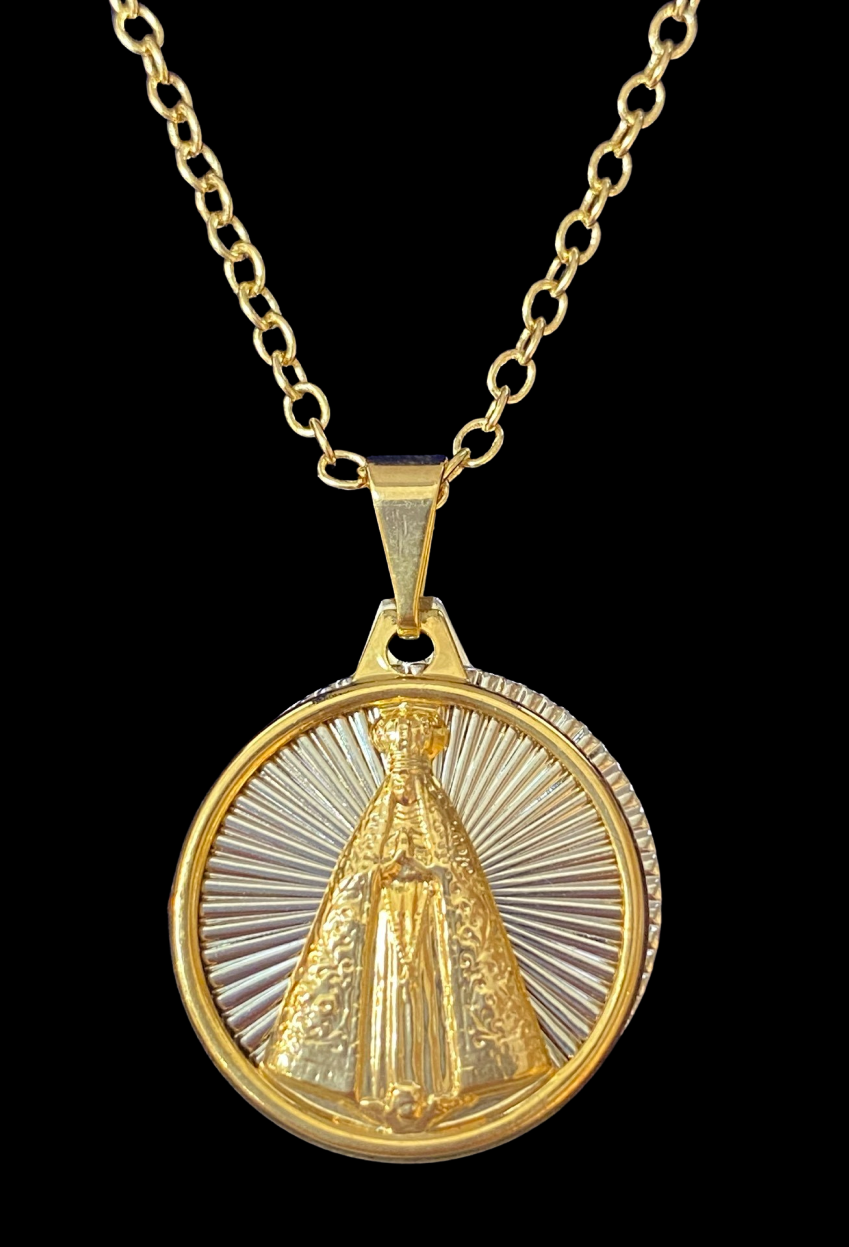 Caridad del Cobre double medal with chain 18 K Gold Over Sterling Silver