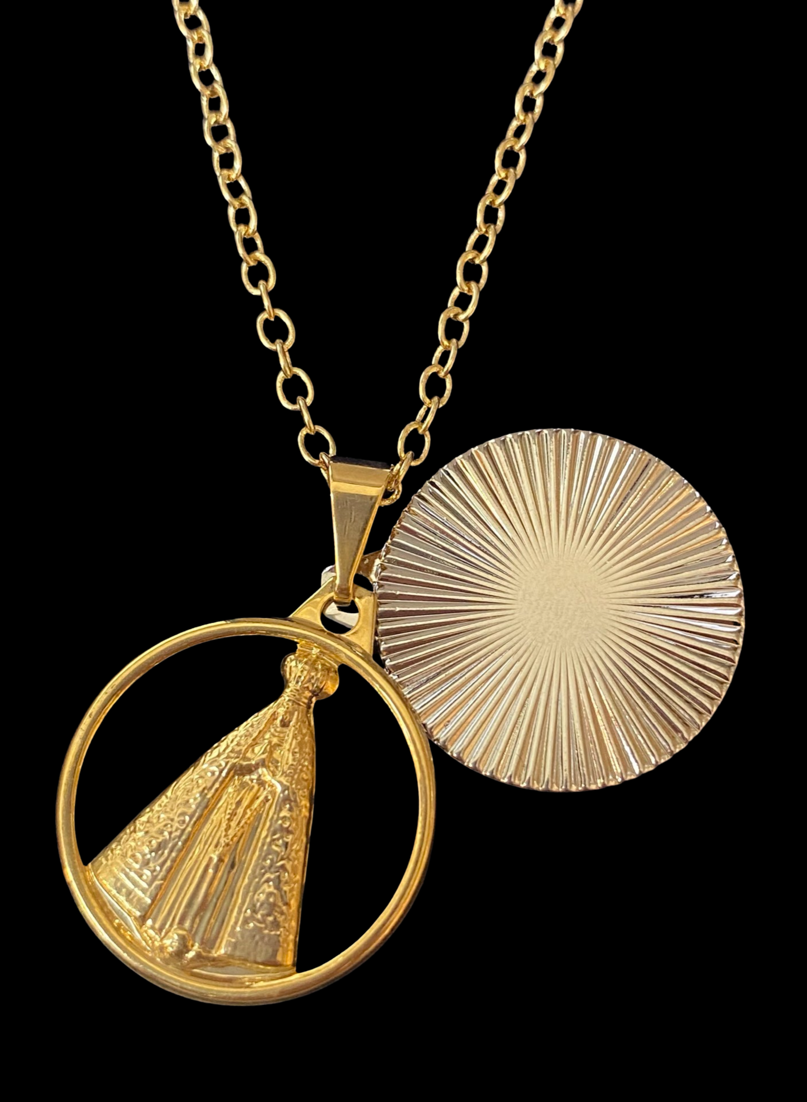 Caridad del Cobre double medal with chain 18 K Gold Over Sterling Silver