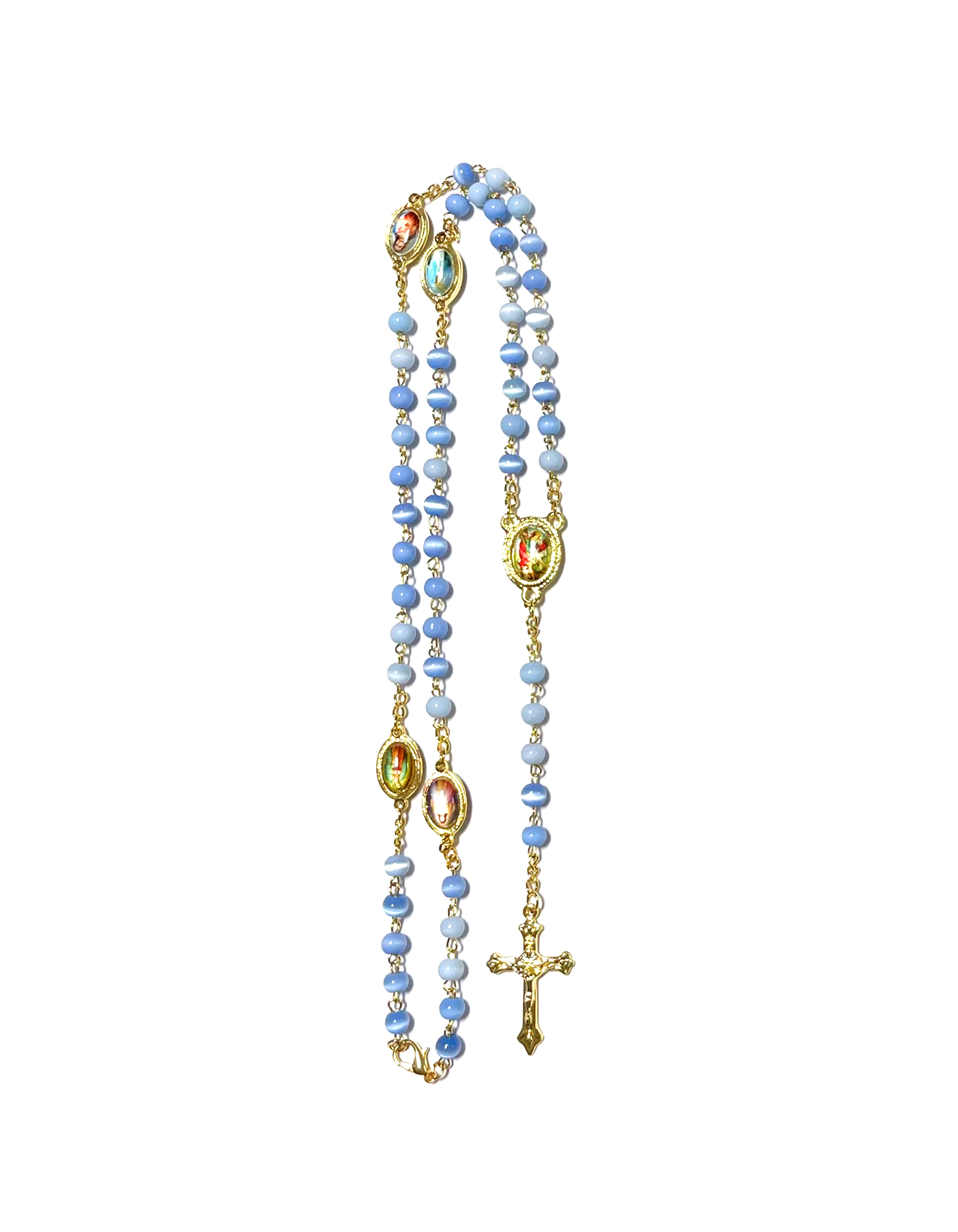 Cat's eye stone rosary with medals of various saints in each mystery