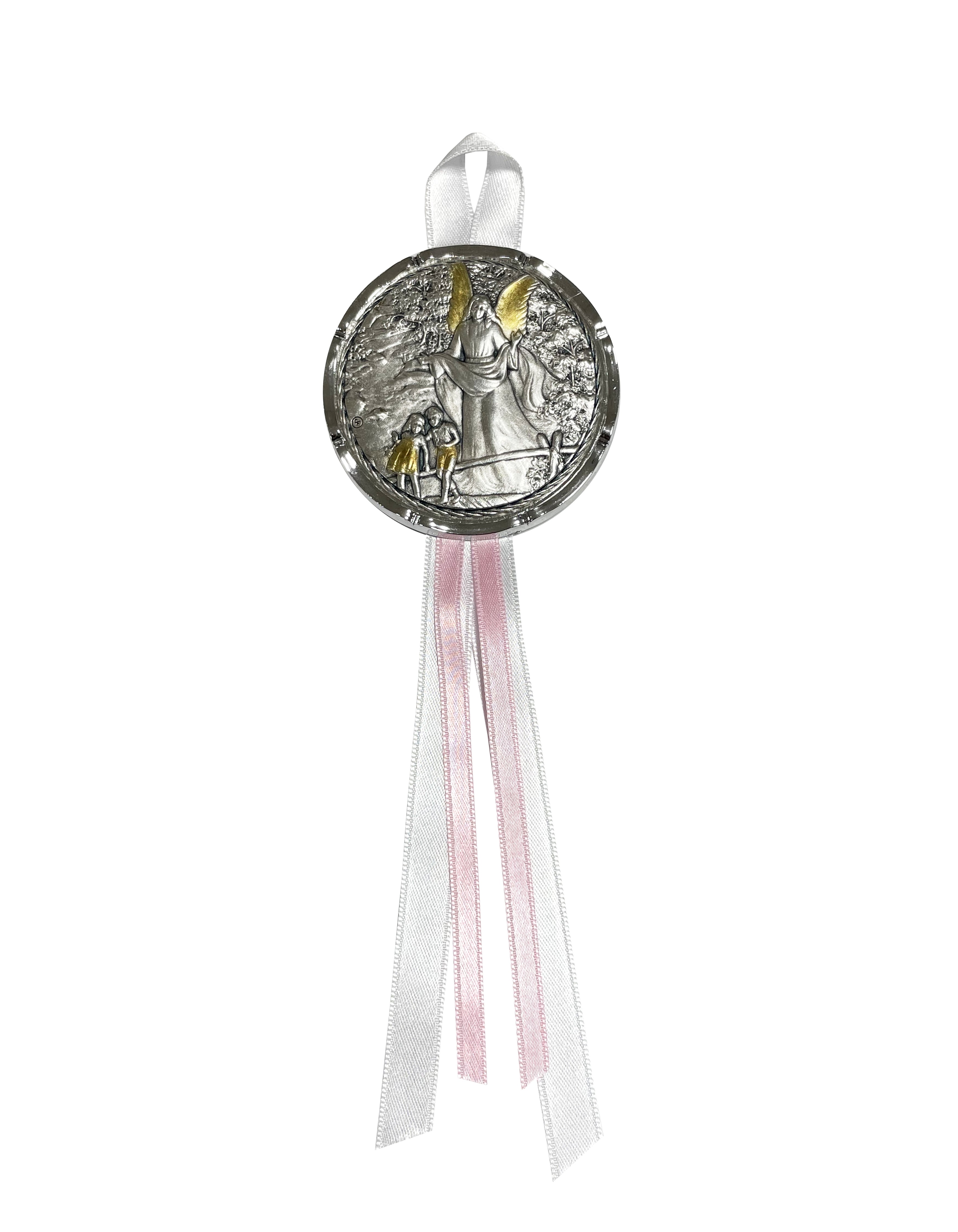 Guardian Angel crib medal, round decorated with silk ribbon