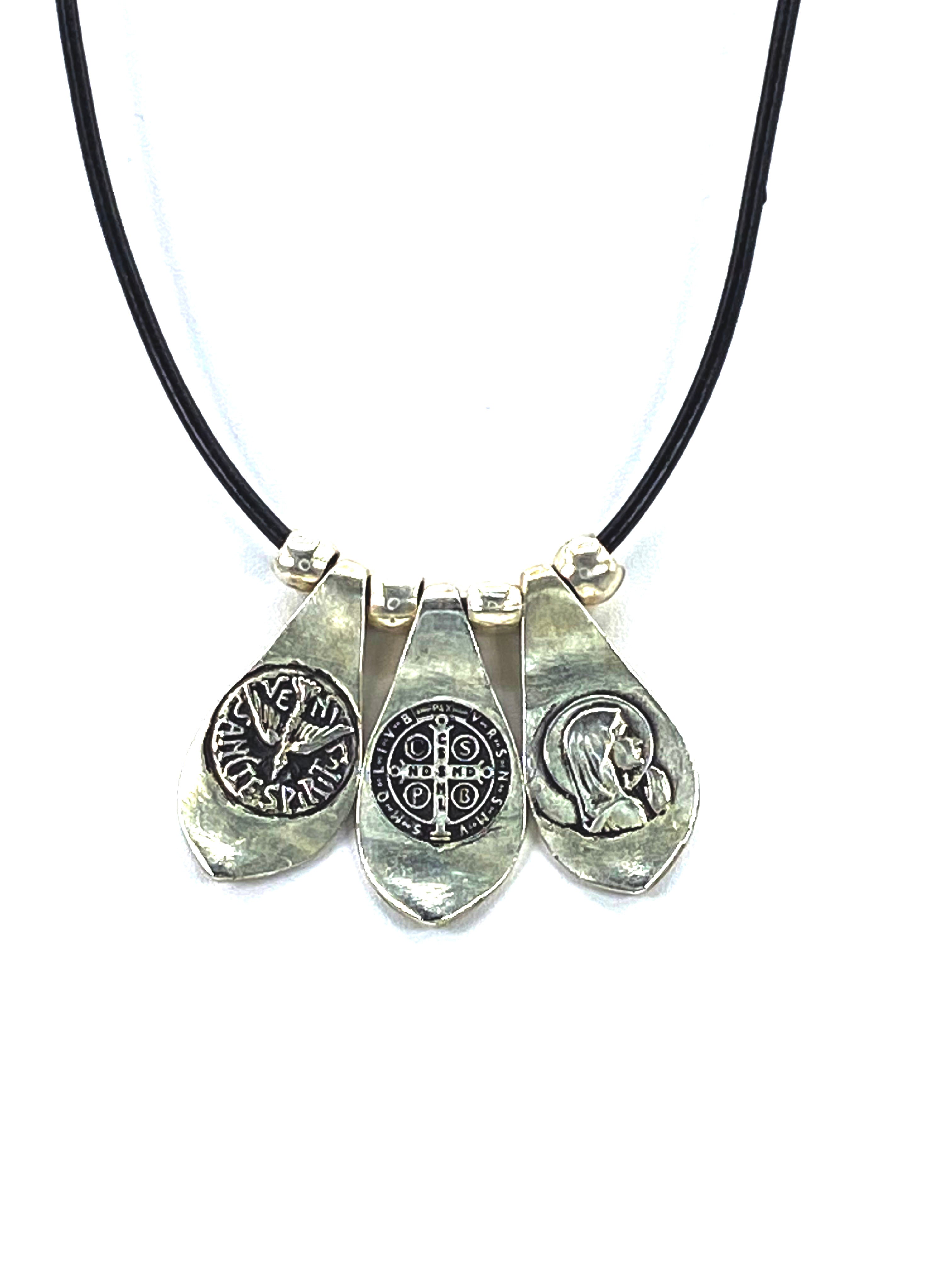 Vintage Necklace of The Virgin Mary, St Benedict, and the Holy Spirit. Handmade Jewelry by Graciela's Collection