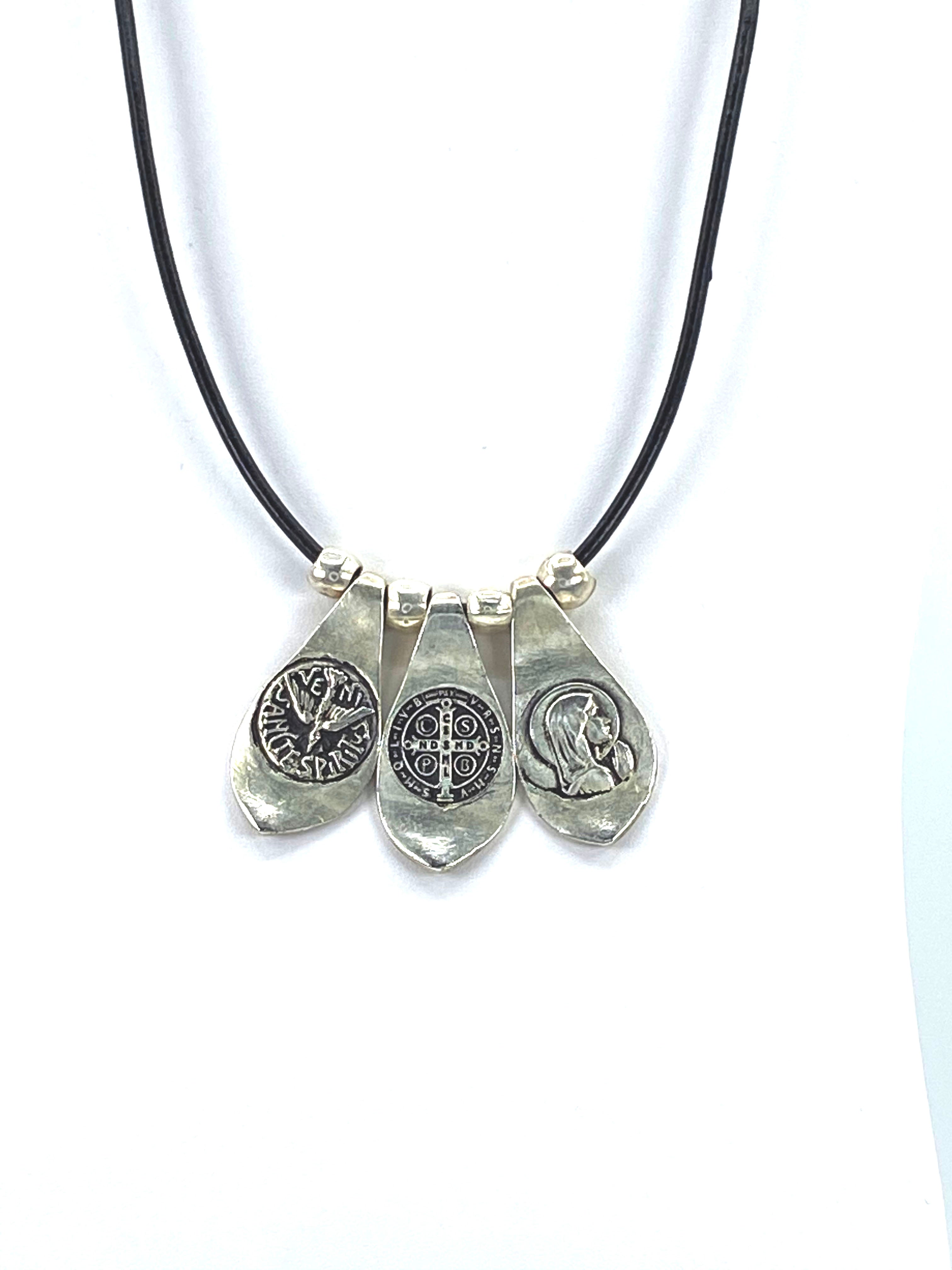 Vintage Necklace of The Virgin Mary, St Benedict, and the Holy Spirit. Handmade Jewelry by Graciela's Collection