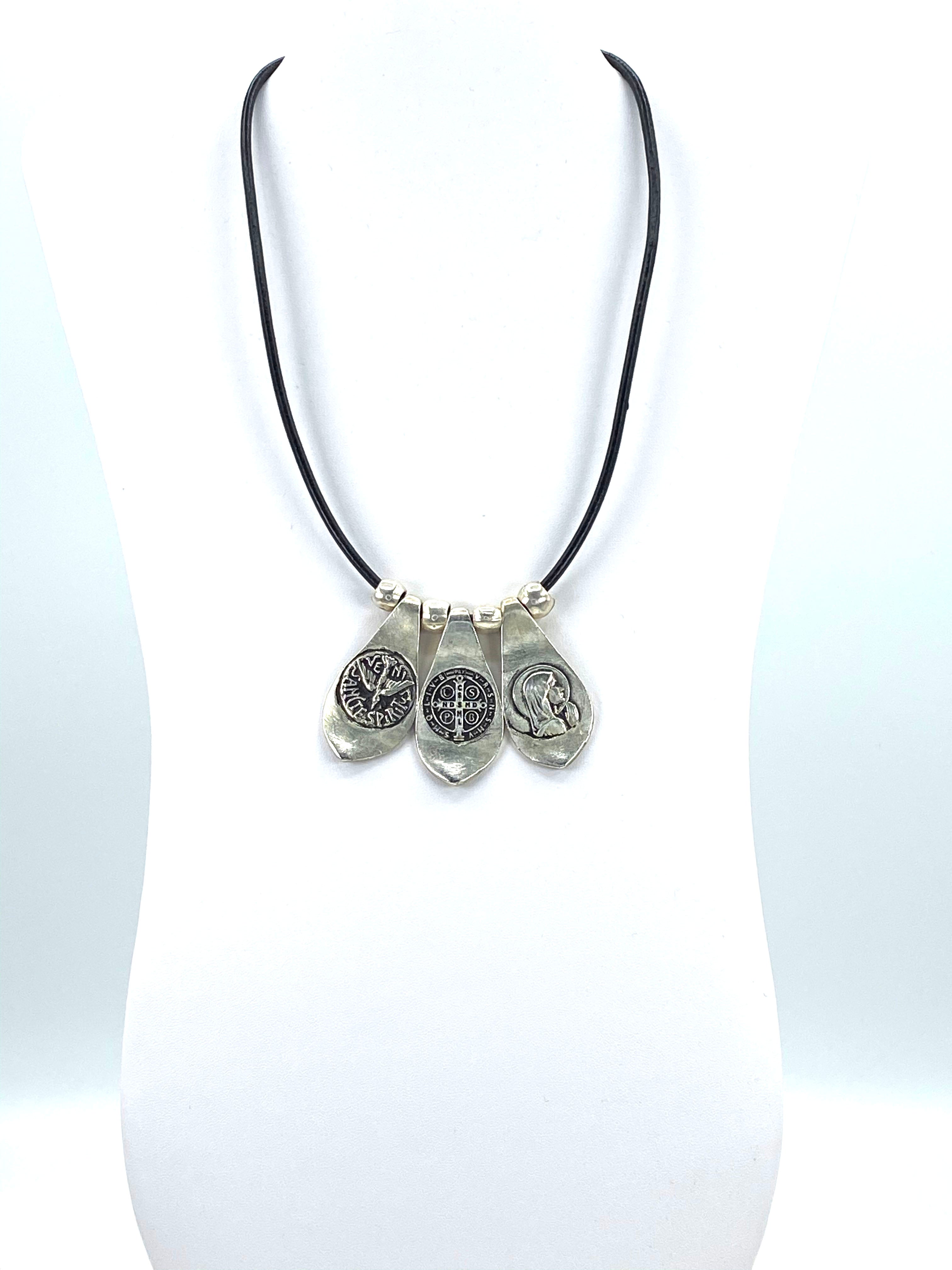 Vintage Necklace of The Virgin Mary, St Benedict, and the Holy Spirit. Handmade Jewelry by Graciela's Collection