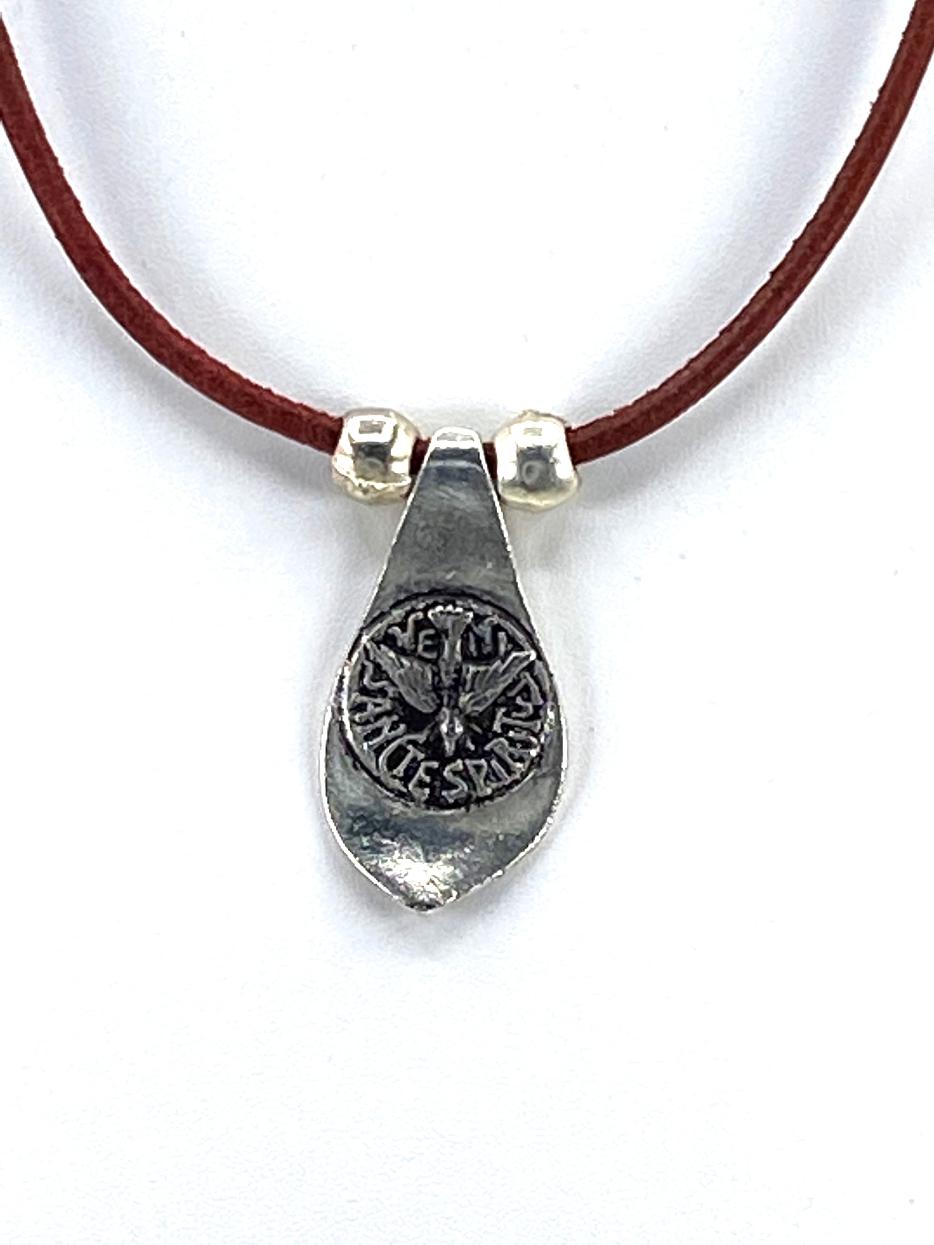 Vintage Necklace of The Holy Spirit Handmade Jewelry with Genuine Leather Strap by Graciela's Collection