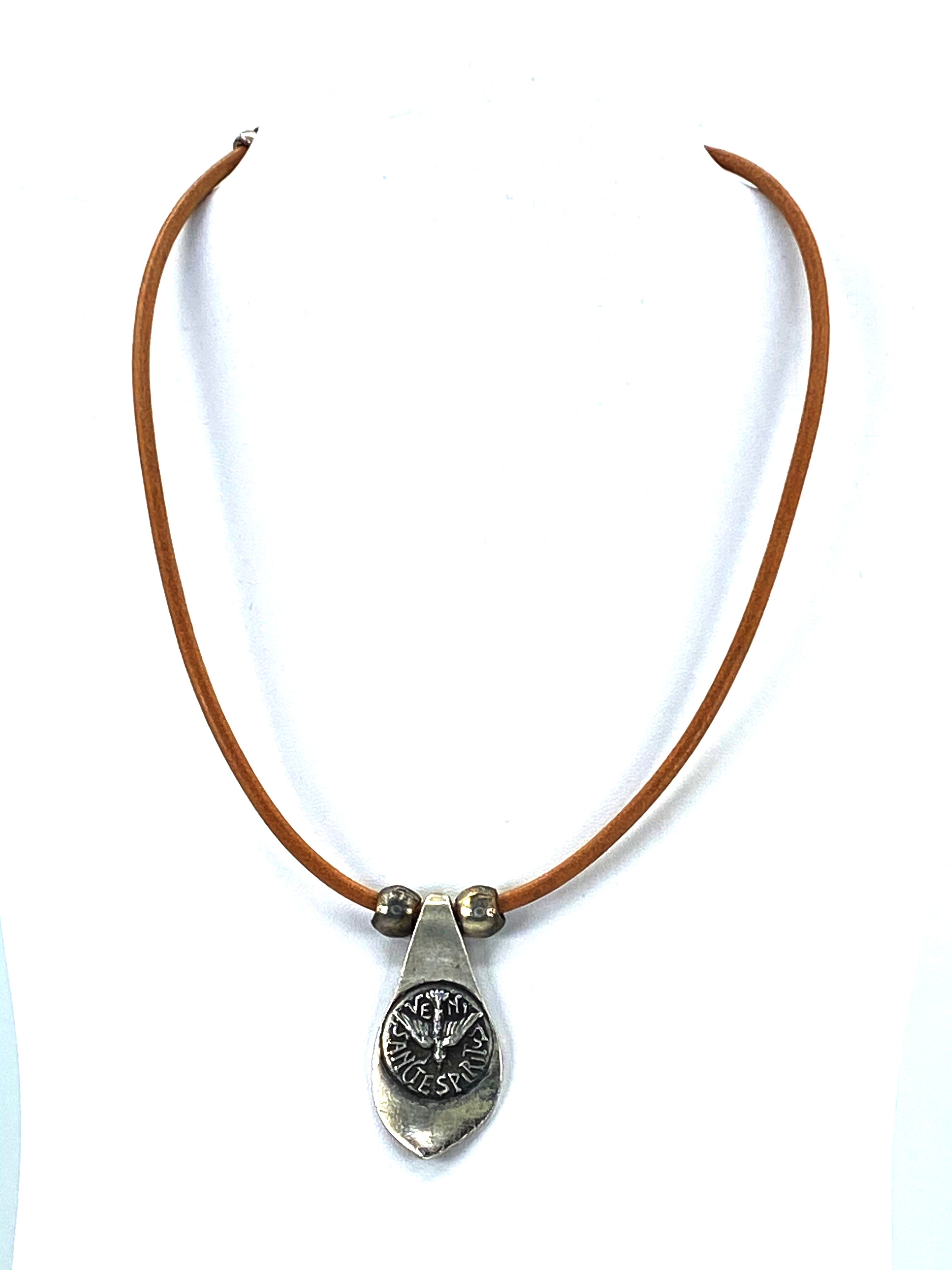 Vintage Necklace of The Holy Spirit Handmade Jewelry with Genuine Leather Strap by Graciela's Collection