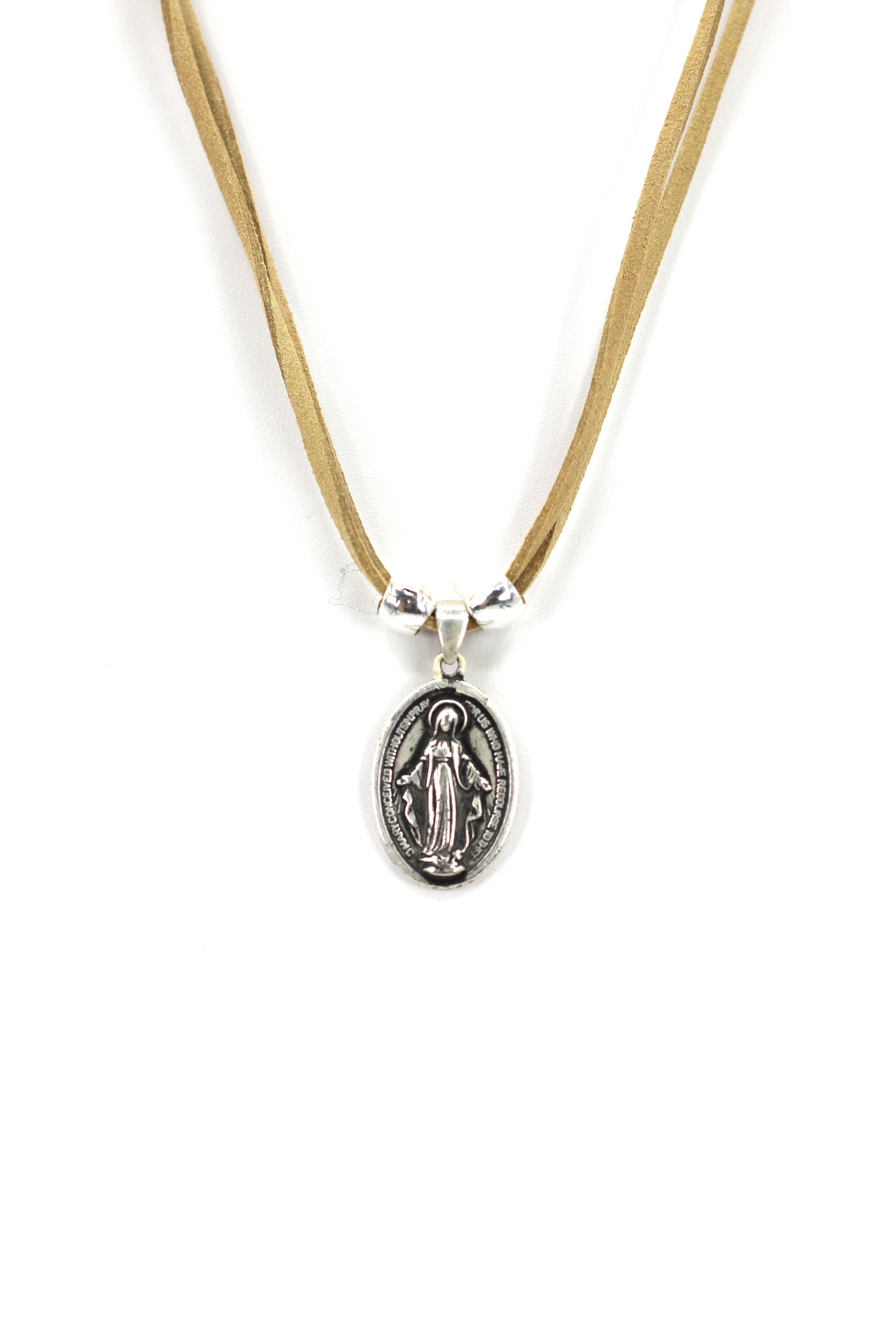 Vintage Necklace of The Miraculous Virgen Mary Handmade Oval Shape Jewelry with Genuine Leather strap by Graciela's Collection