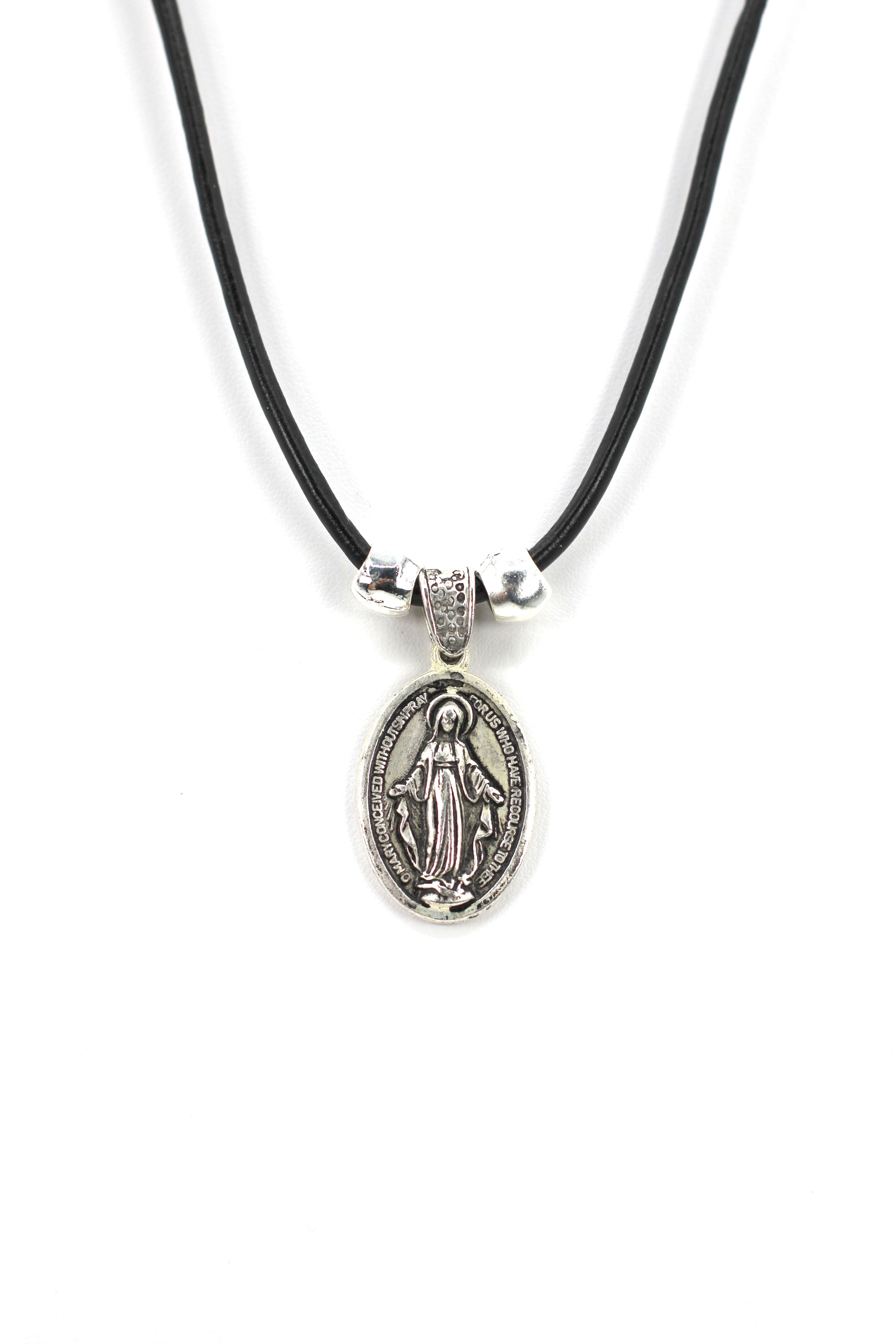 Vintage Necklace of The Miraculous Virgen Mary Handmade Oval Shape Jewelry with Genuine Leather strap by Graciela's Collection