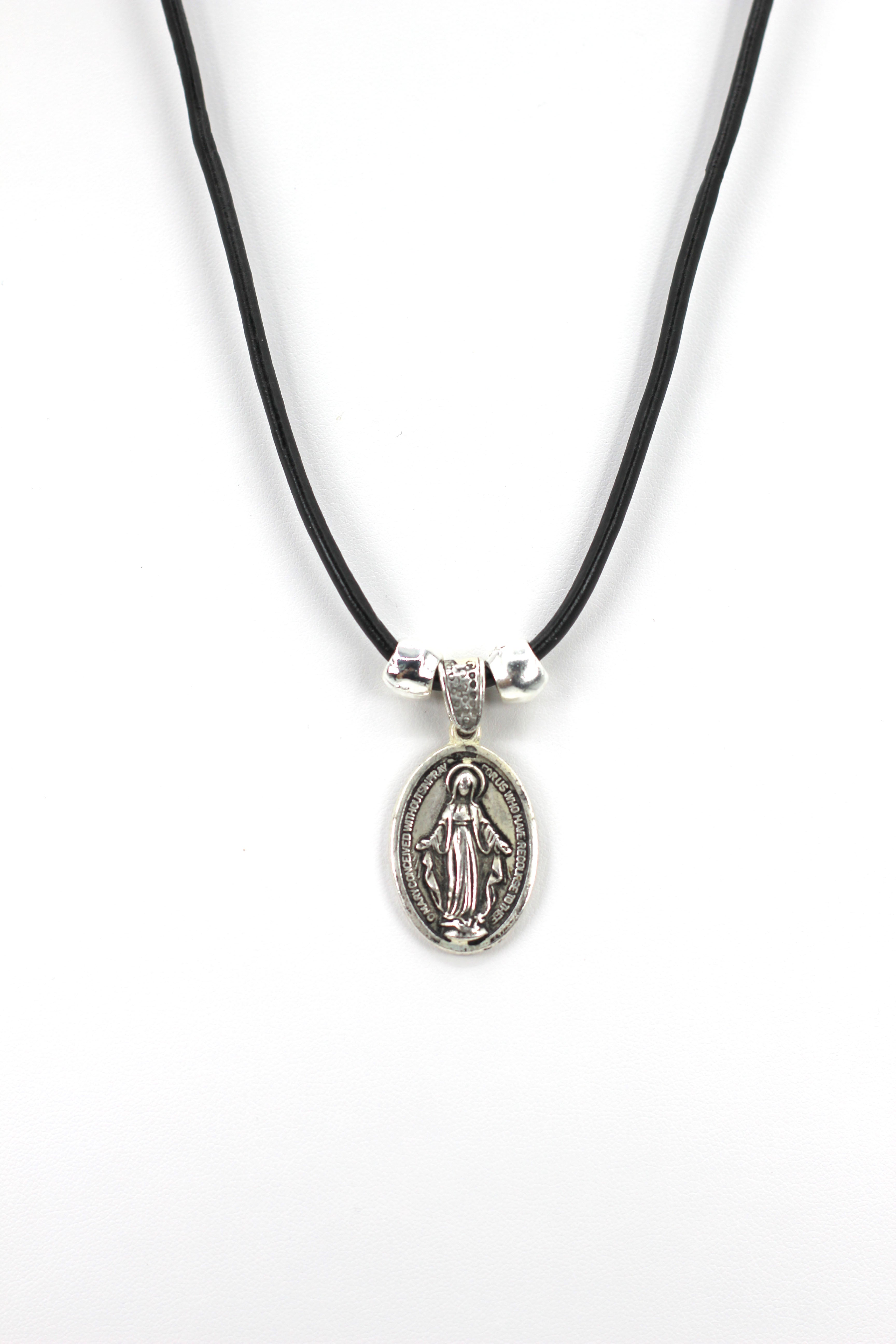 Vintage Necklace of The Miraculous Virgen Mary Handmade Oval Shape Jewelry with Genuine Leather strap by Graciela's Collection