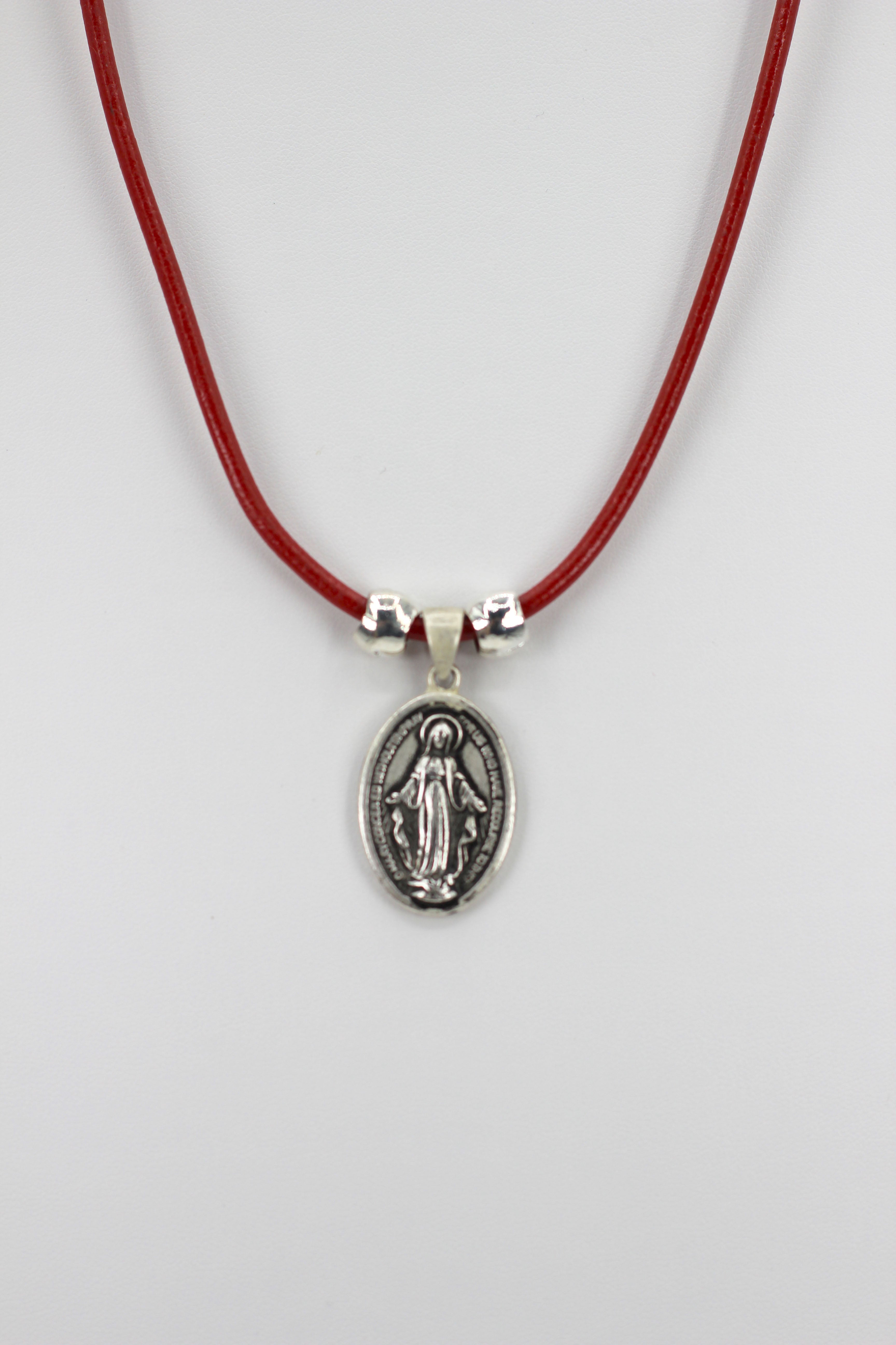 Vintage Necklace of The Miraculous Virgen Mary Handmade Oval Shape Jewelry with Genuine Leather strap by Graciela's Collection
