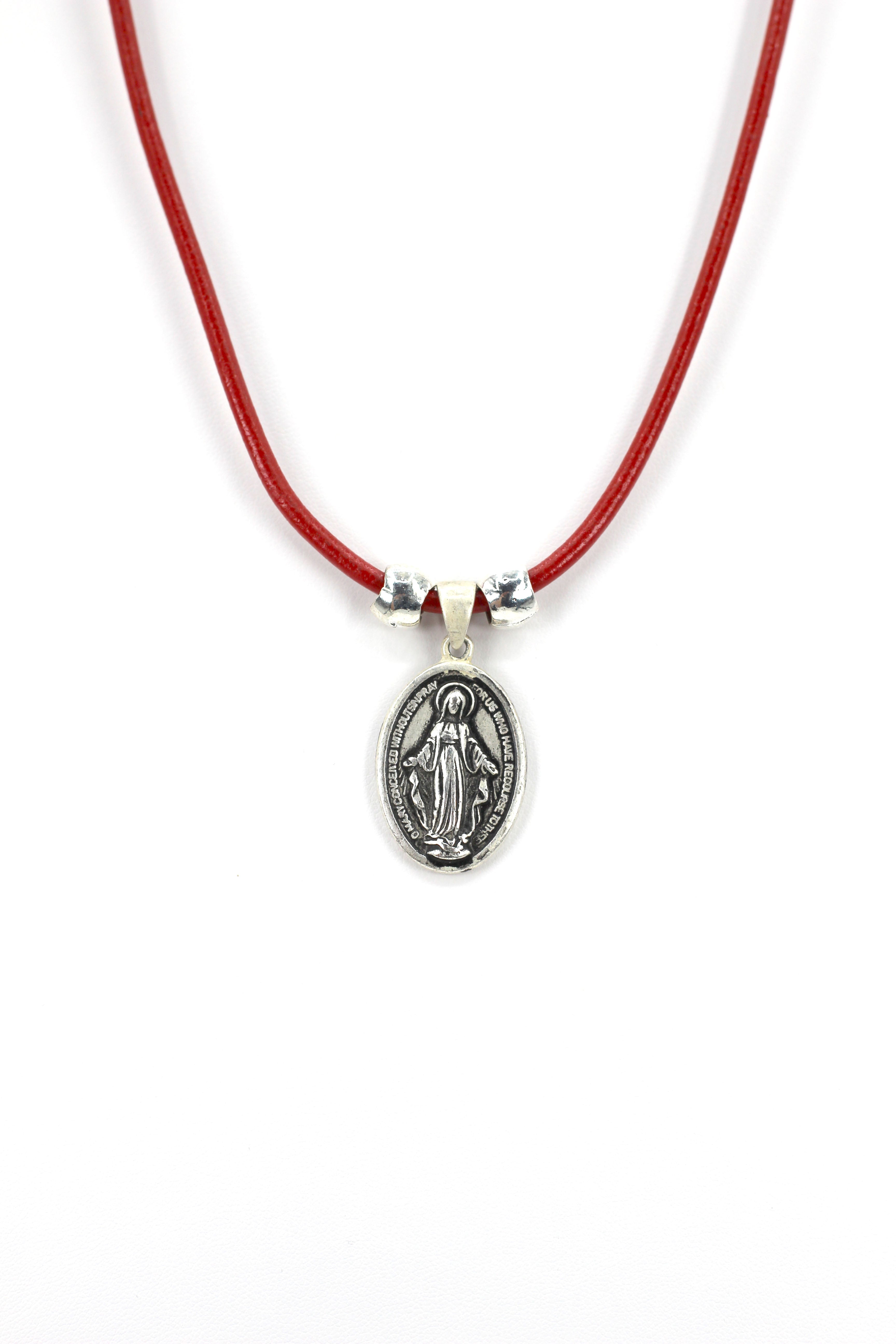 Vintage Necklace of The Miraculous Virgen Mary Handmade Oval Shape Jewelry with Genuine Leather strap by Graciela's Collection